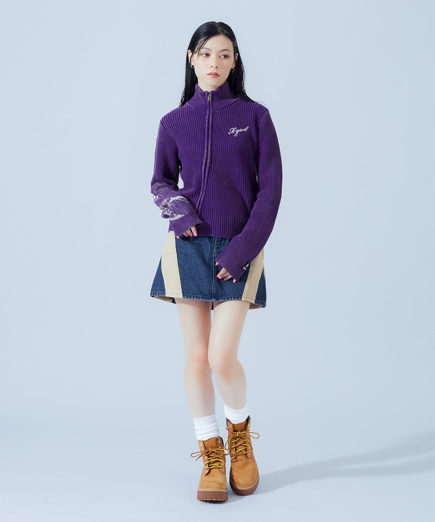 SLEEVE LOGO FADED ZIP UP KNIT TOP