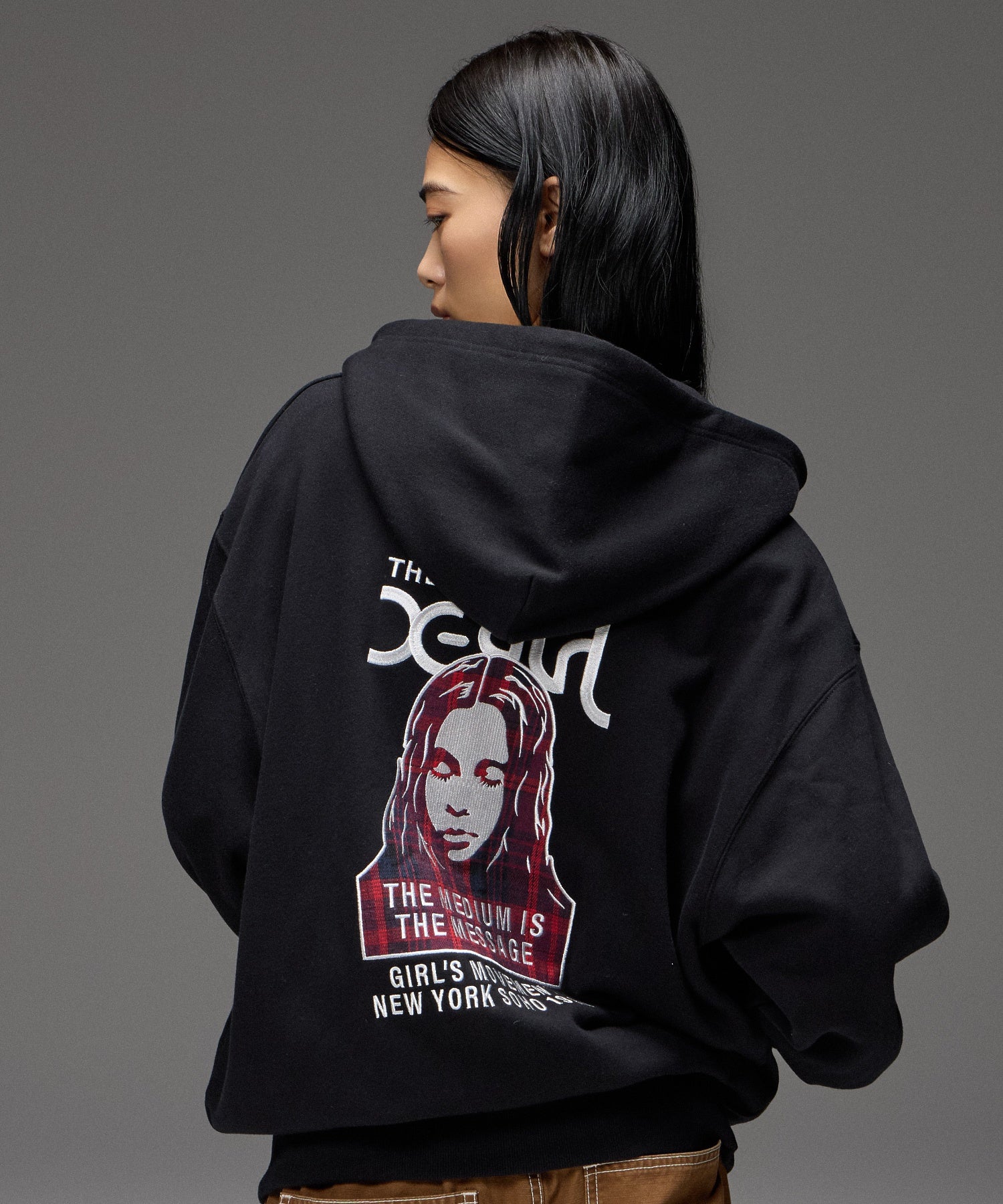 PLAID PATTERN FACE PATCH ZIP UP SWEAT HOODIE