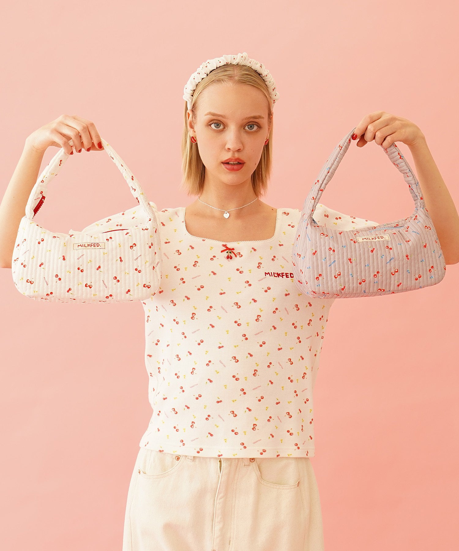 CHERRY PATTERN WAFFLE PUFF SLEEVES TOP