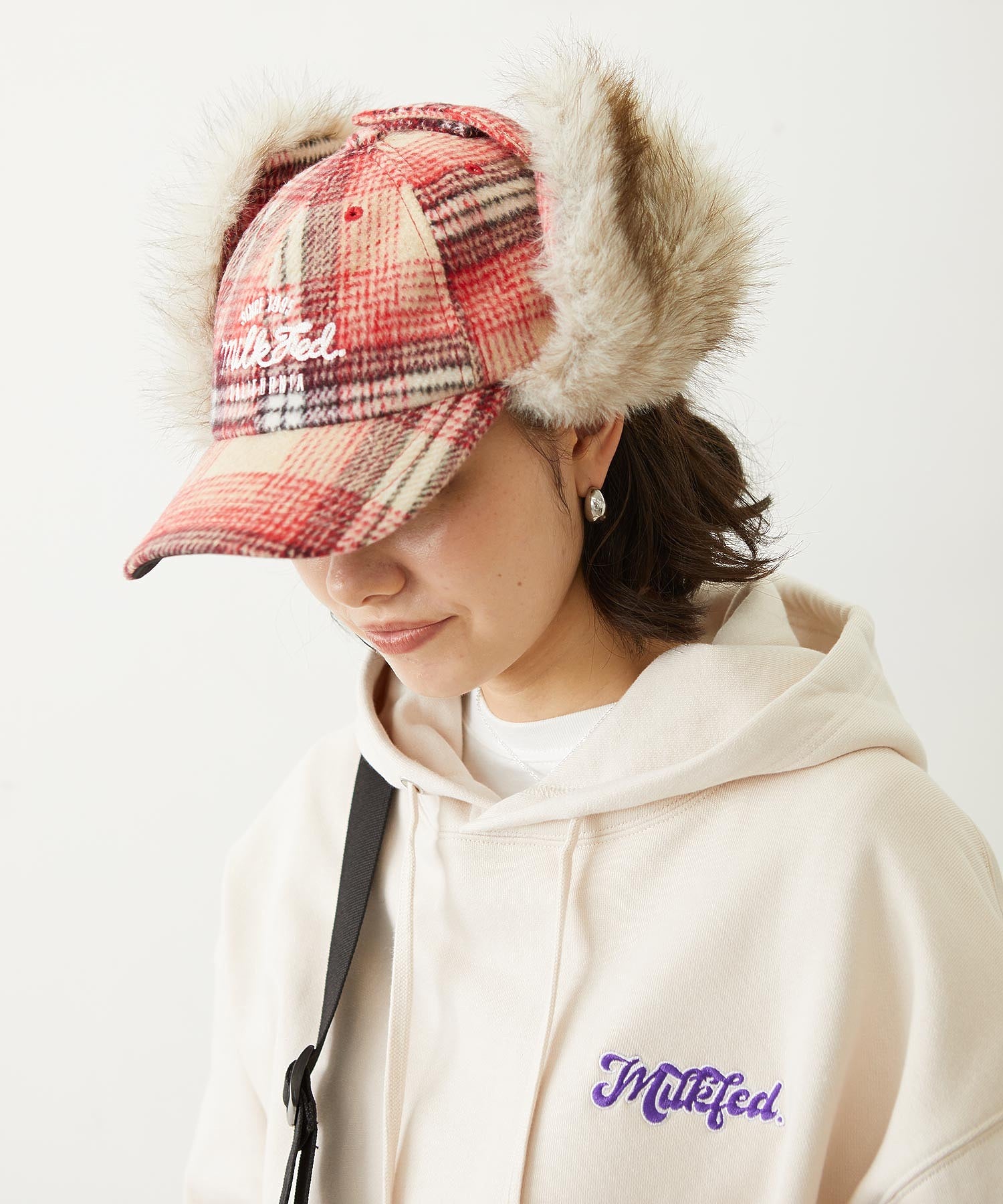 PLAID PATTERN FUR EAR FLAP
