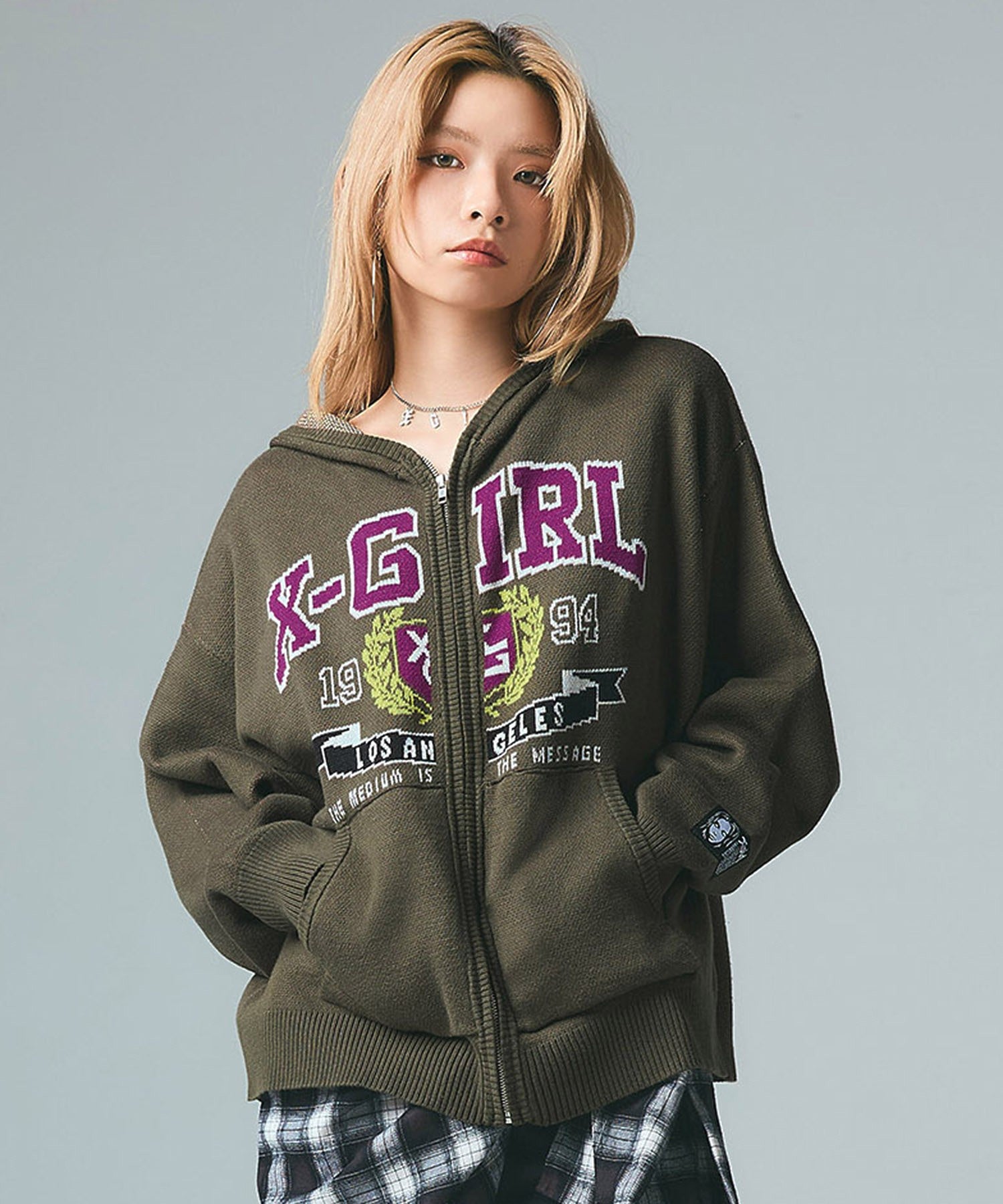 COLLEGE LOGO JACQUARD ZIP UP KNIT HOODIE