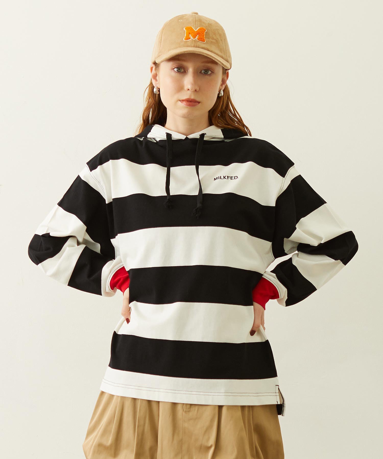 CONTRAST RIB STRIPED HOODED TOP