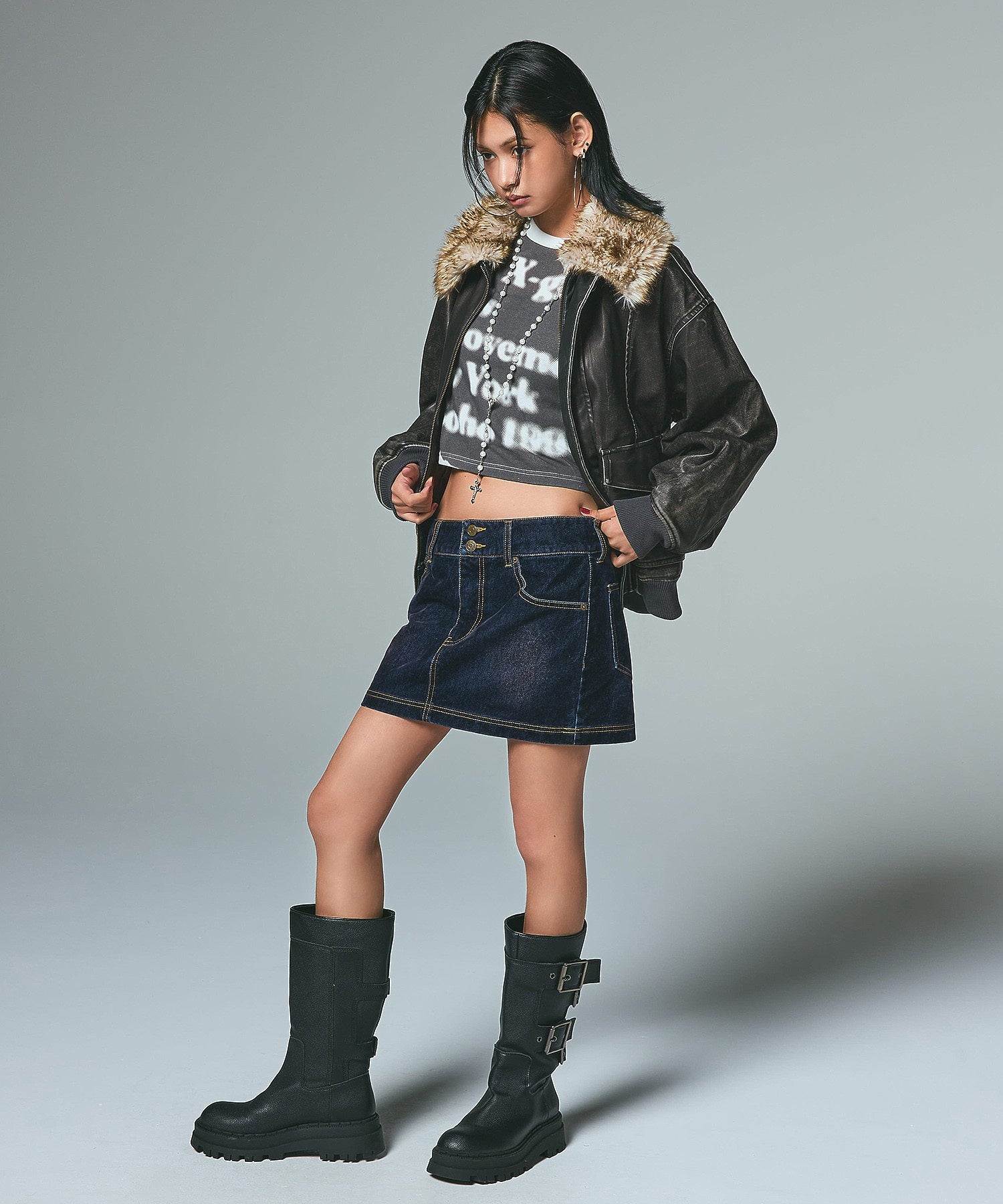 EMBOSSED LOGO PATCH DISTRESSED FAUX LEATHER JACKET