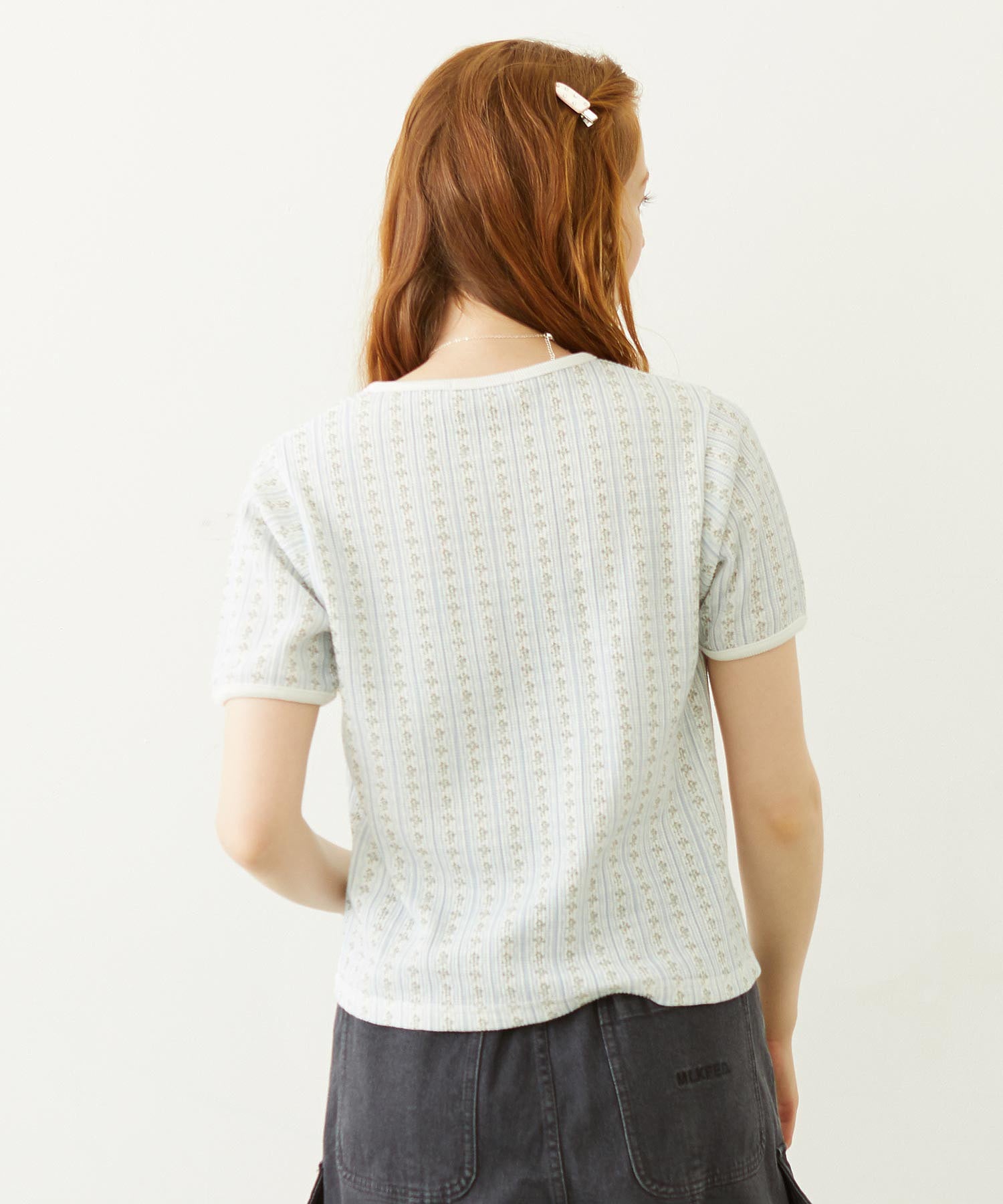 STRIPED FLOWER WAFFLE S/S TOP