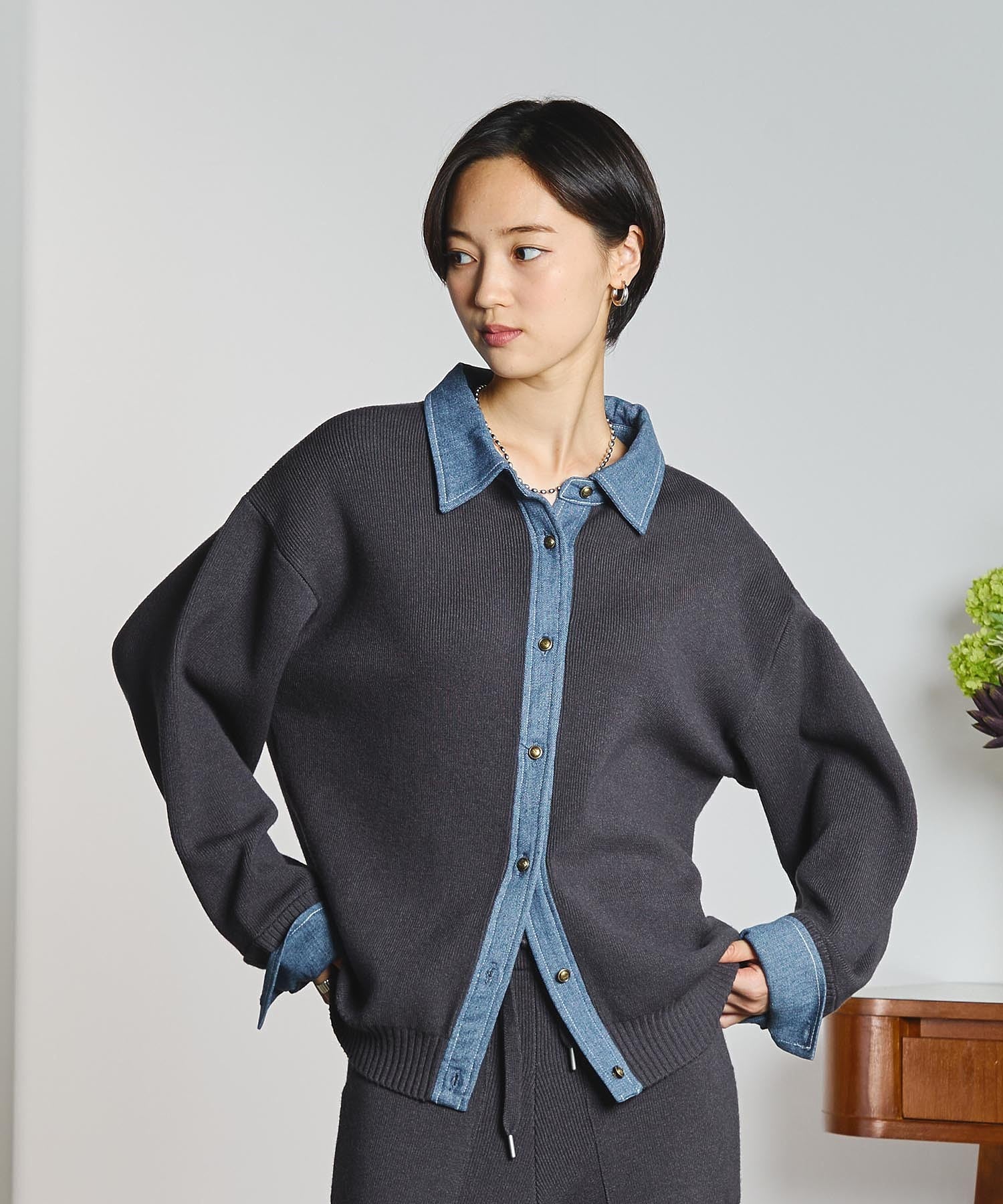 GENE HEAVENS/KNIT x DENIM CARDIGAN