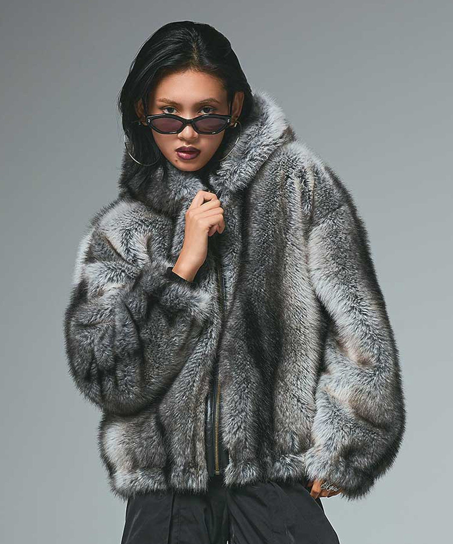 LOGO PATCHED FAUX FUR HOODED JACKET