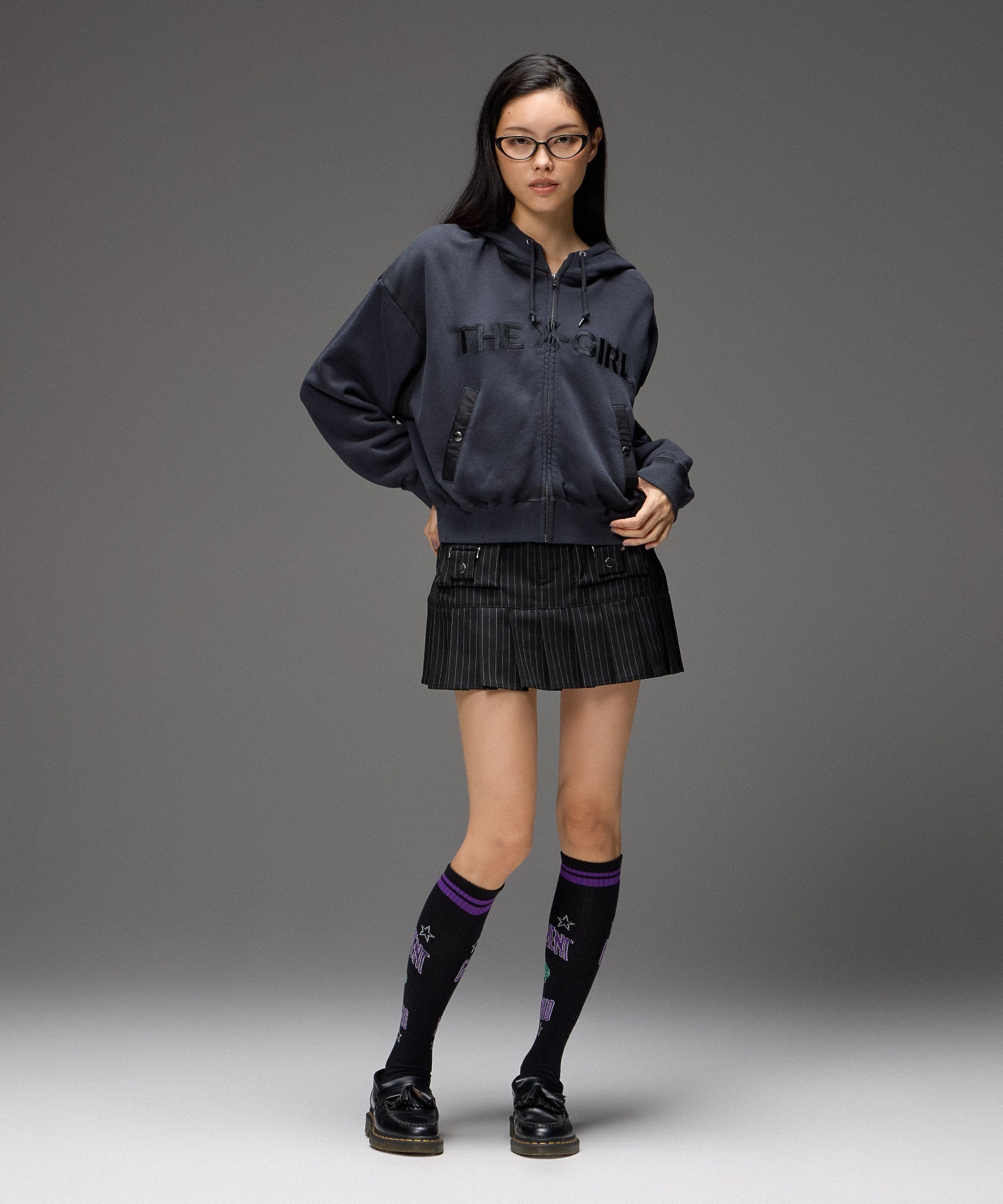 WOVEN MIX FUZZY LOGO ZIP UP SWEAT HOODIE