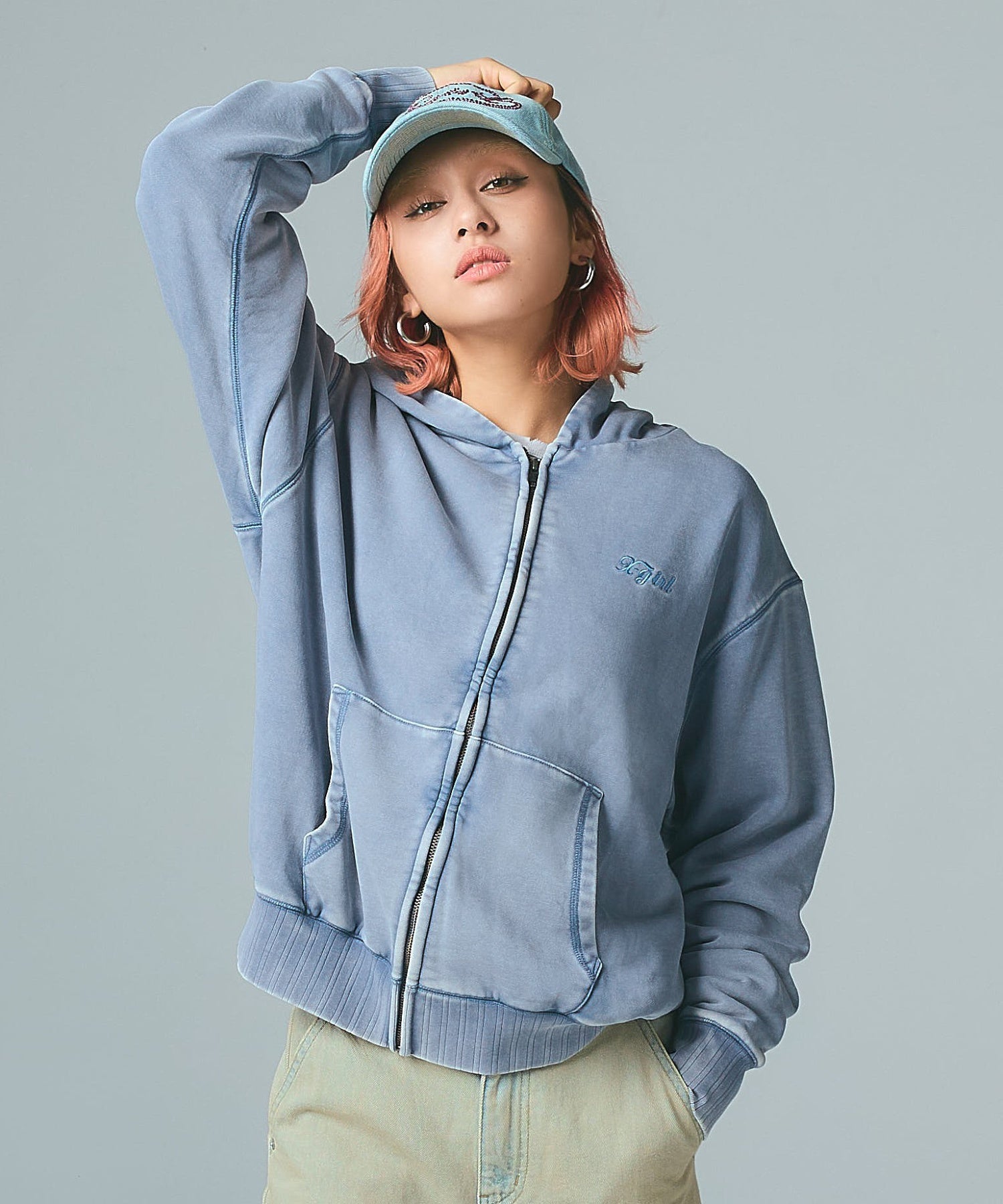 BLEACHED LOGO PATCH ZIP UP SWEAT HOODIE