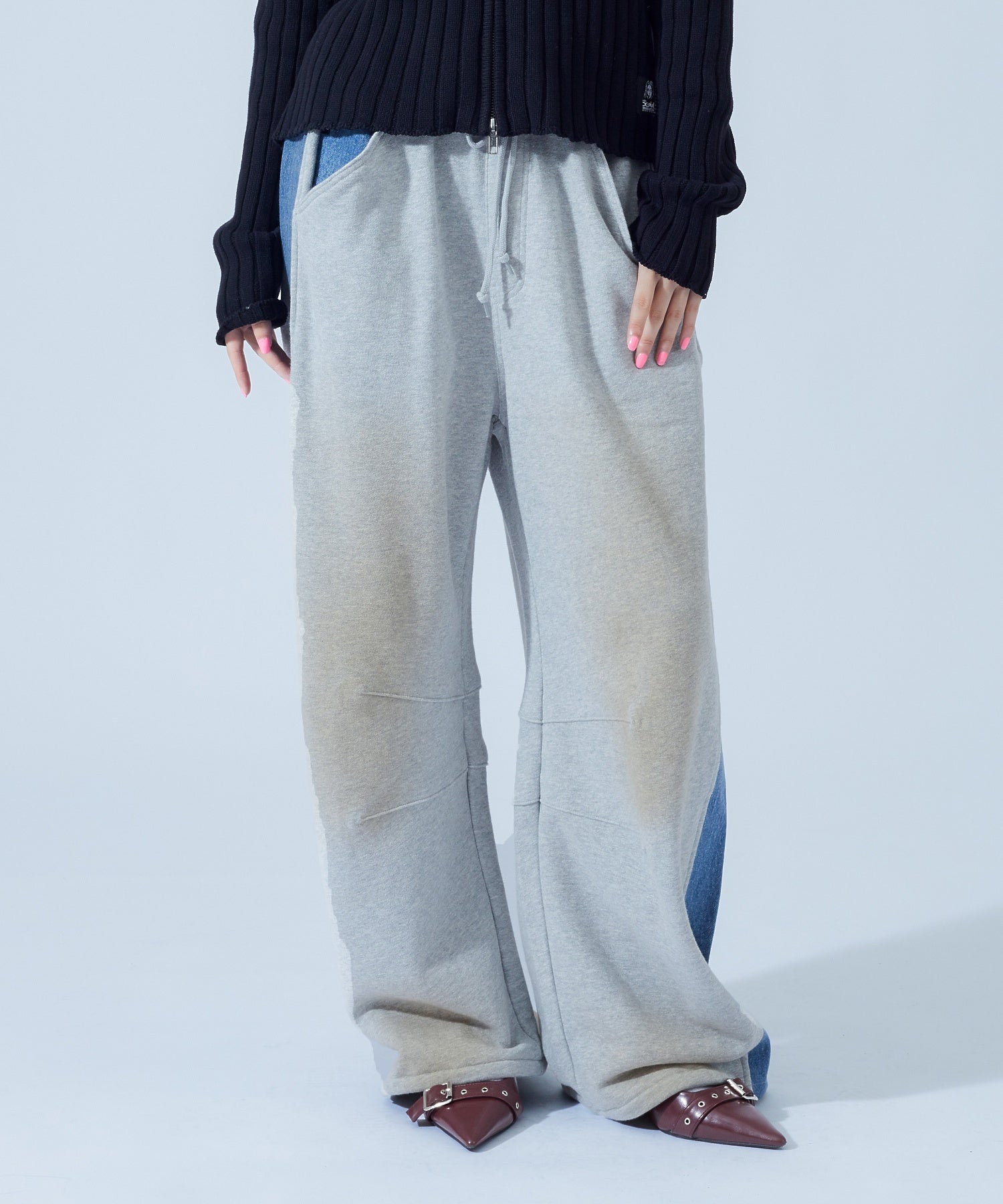 DENIM PANELED WIDE BAGGY SWEATPANTS
