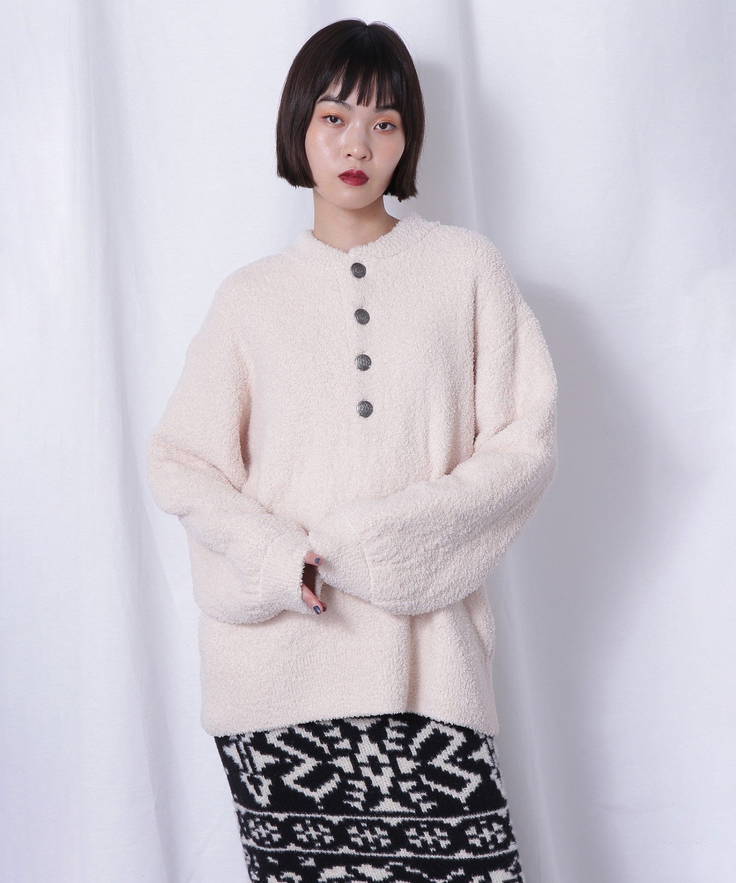 コンチョボタン モコモコ ヘンリーネックトップス