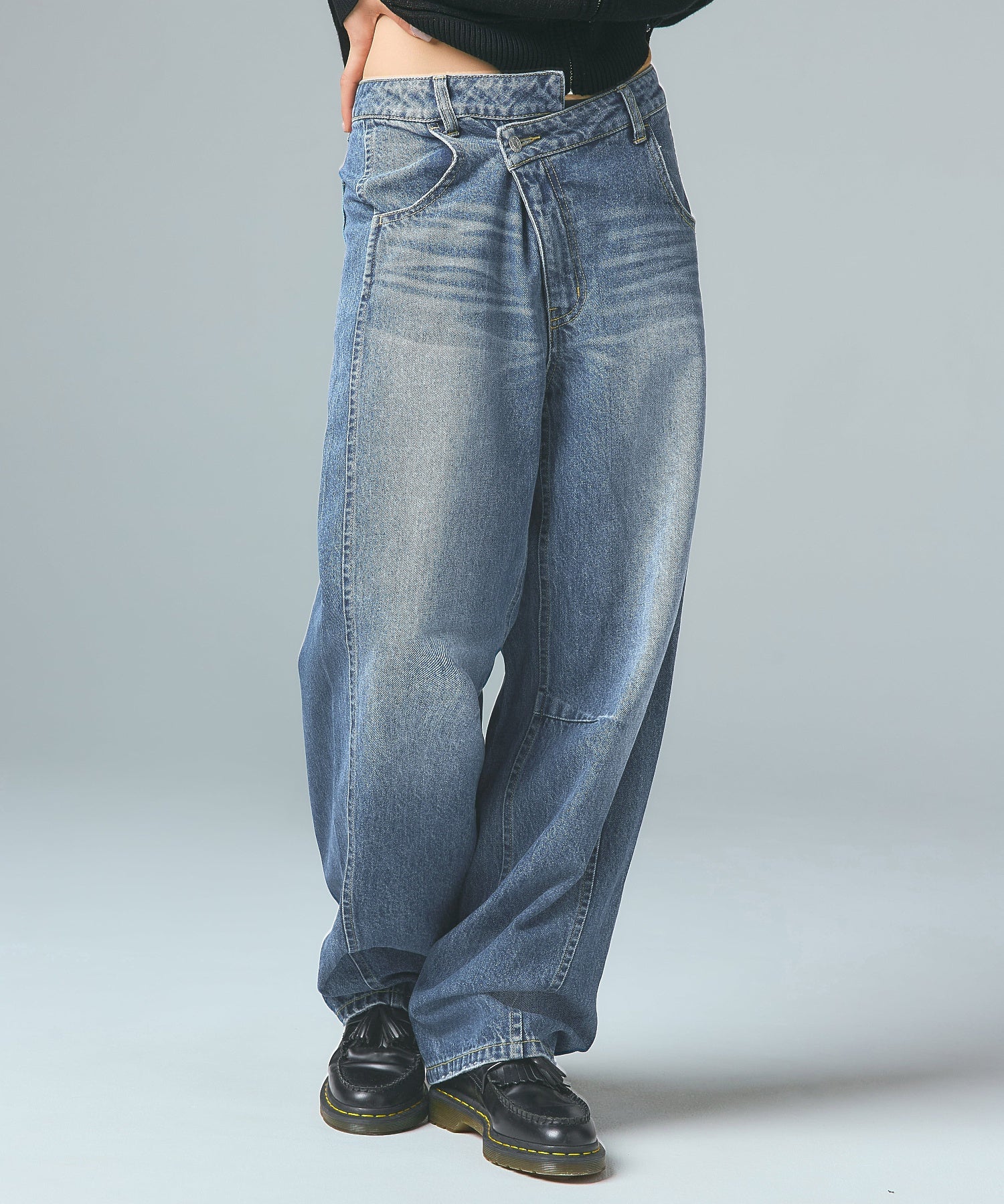 ASYMMETRIC WAIST BARREL LEG DENIM PANTS