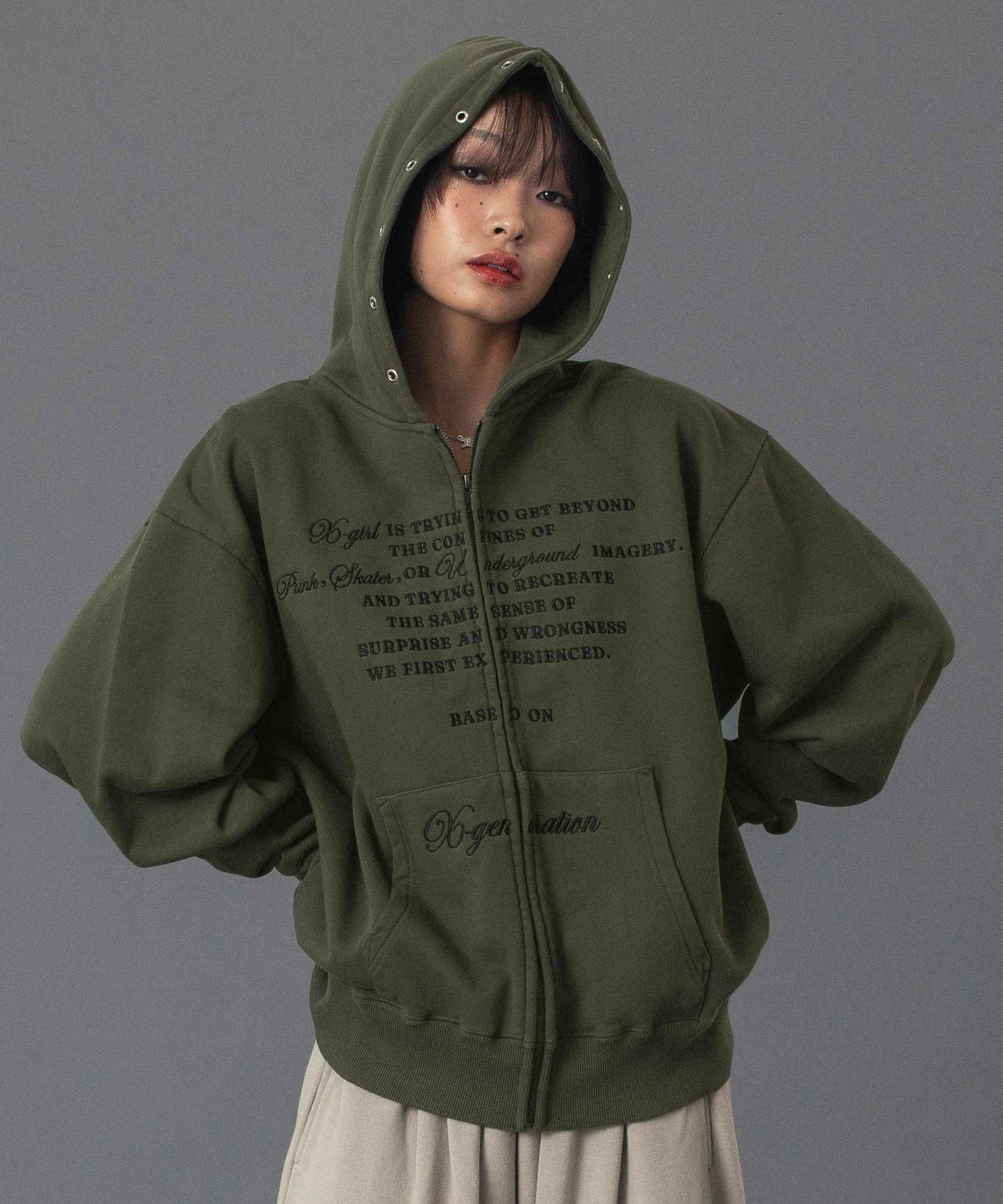 EYELET EMBROIDERY ZIP UP SWEAT HOODIE