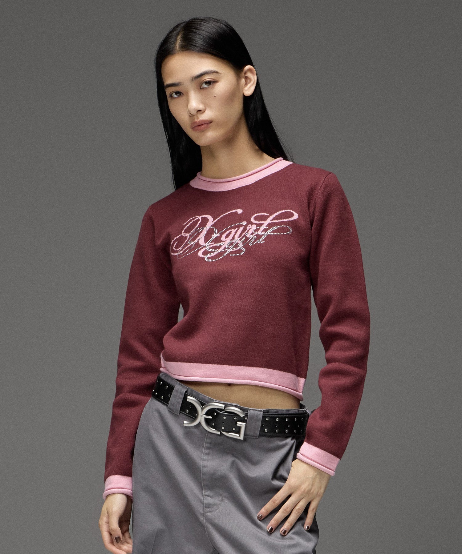 RHINESTONE AND JACQUARD LOGO COMPACT KNIT TOP