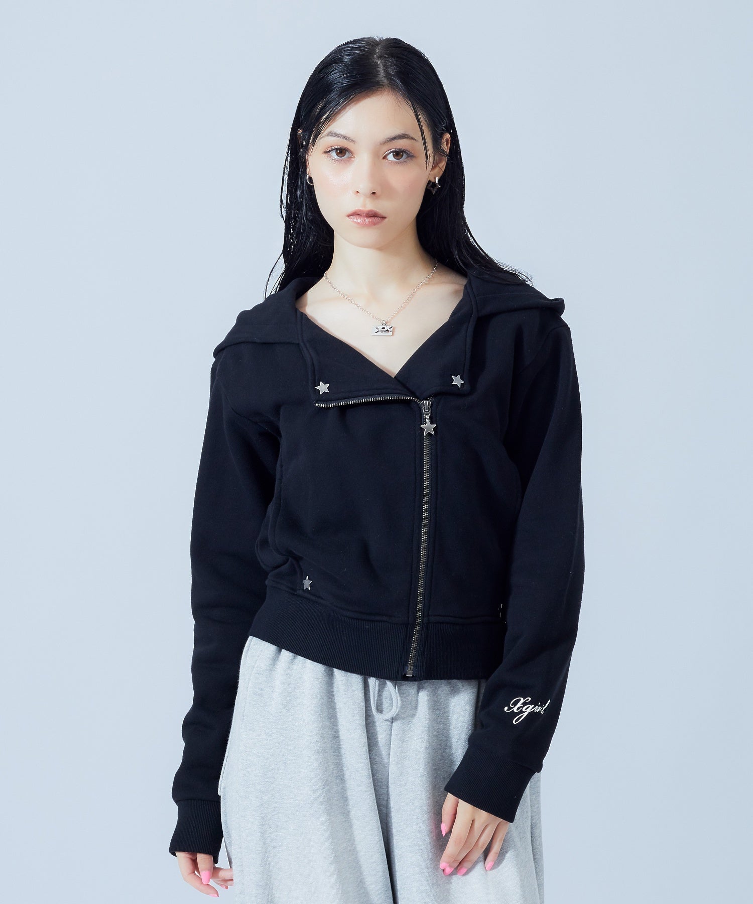 DOUBLE COLLAR ZIP UP SWEAT HOODIE