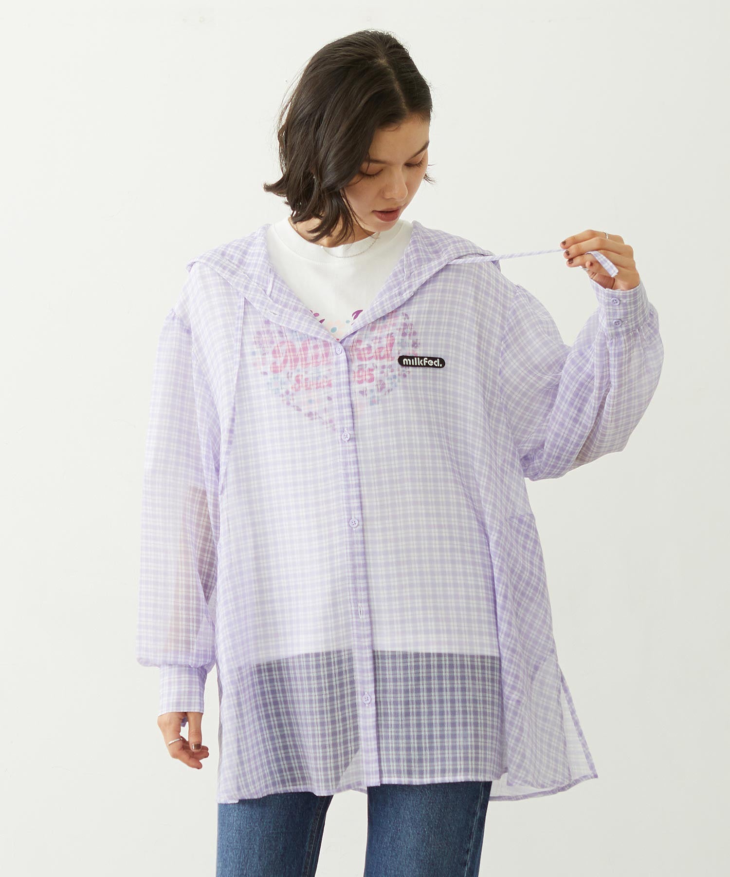 SHEER PLAID HOODED TOP