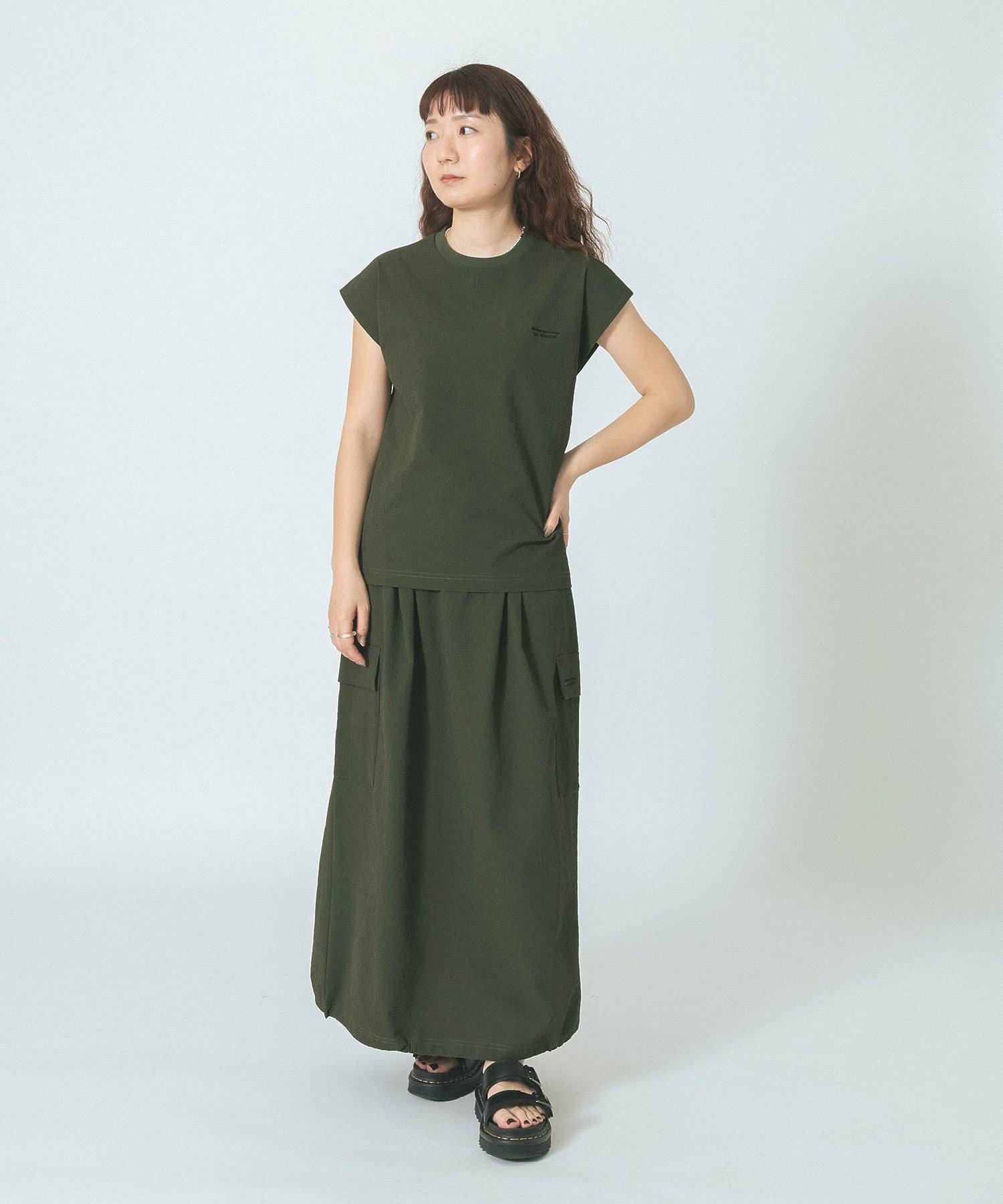 THOUSAND MILE×GENE HEAVENS/FRENCH SLEEVE TOP & MAXI CARGO SKIRT SET UP