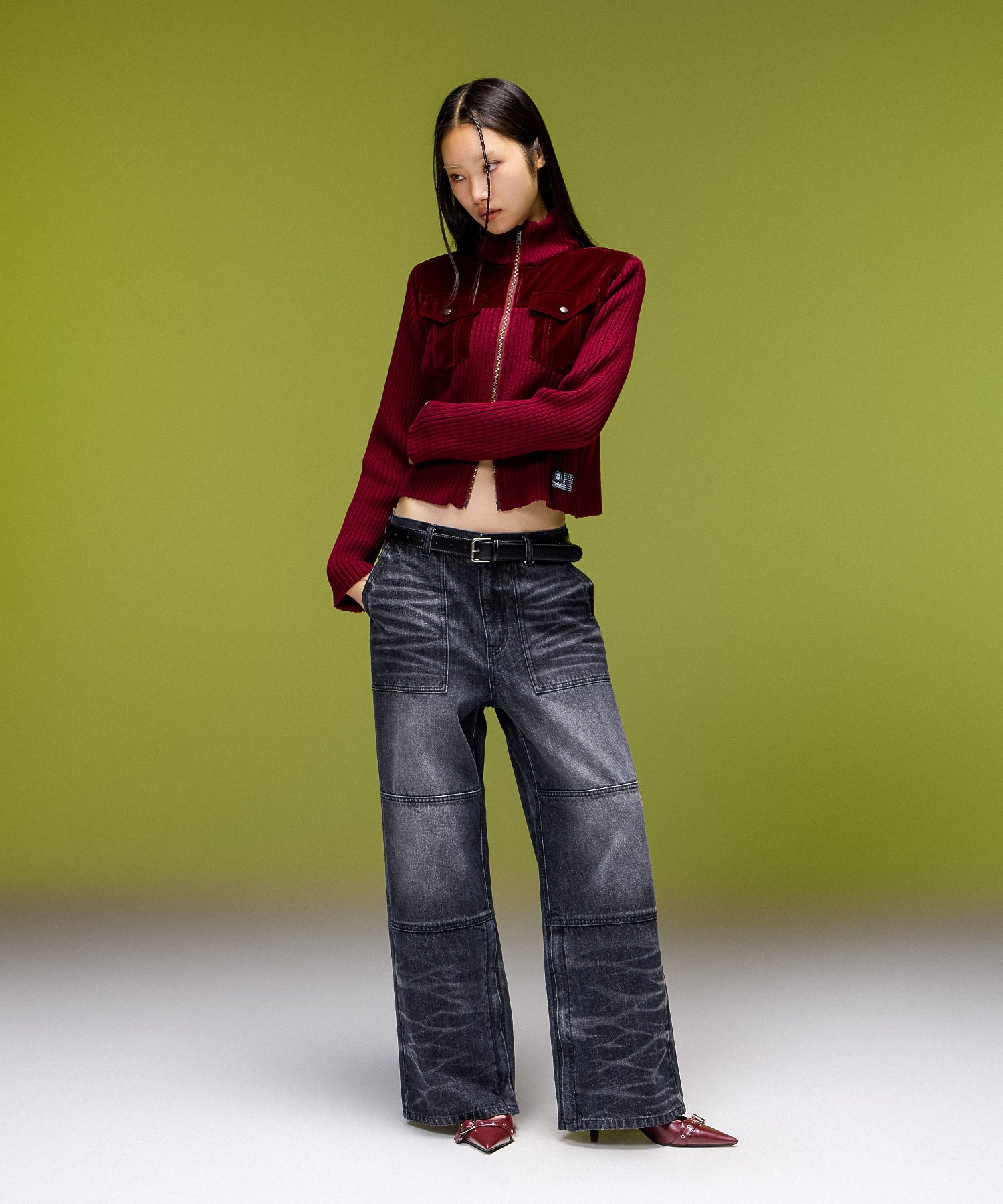 VELOUR AND KNIT ZIP UP TOP