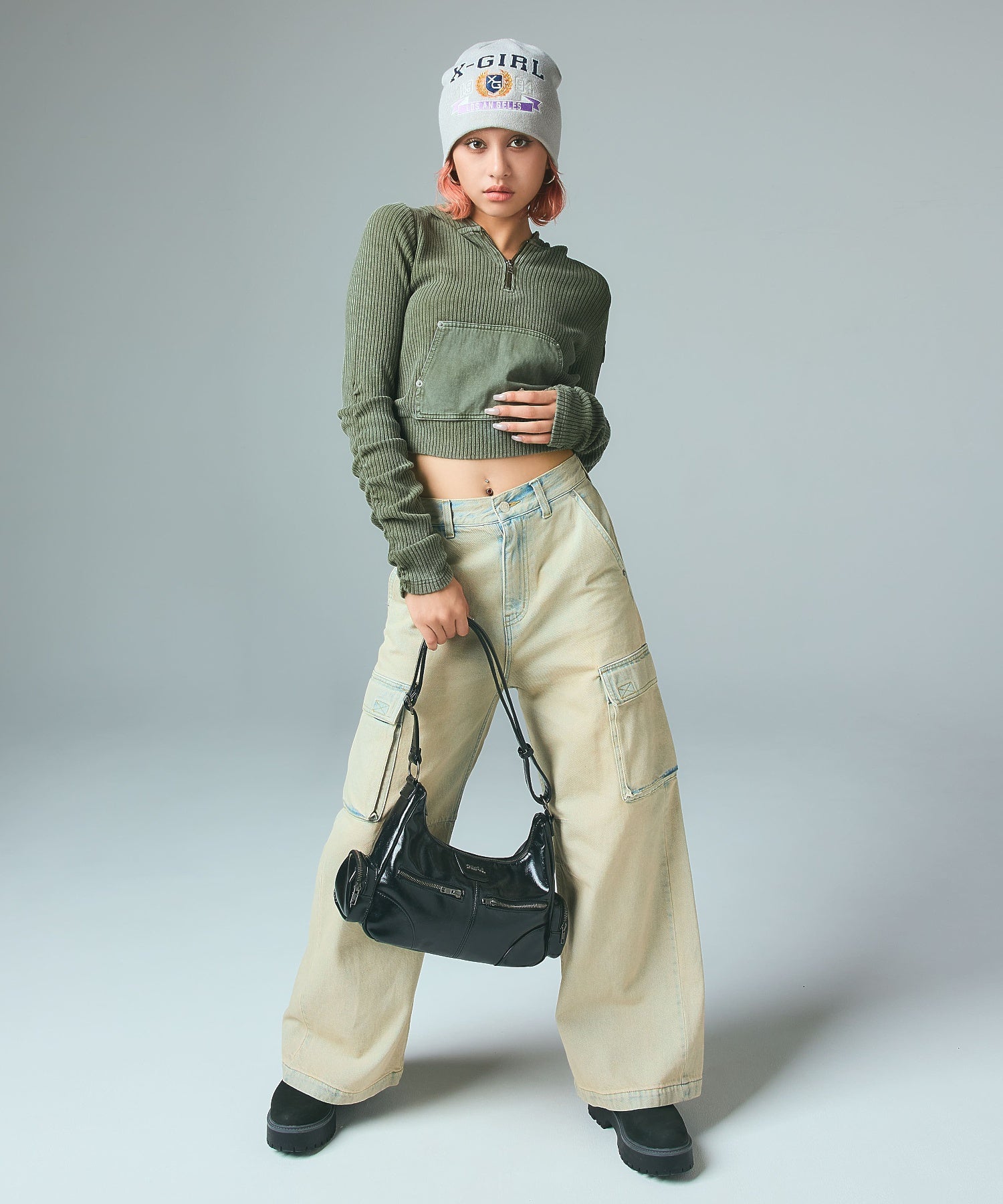 FADED WOVEN MIX HALF ZIP HOODED TOP