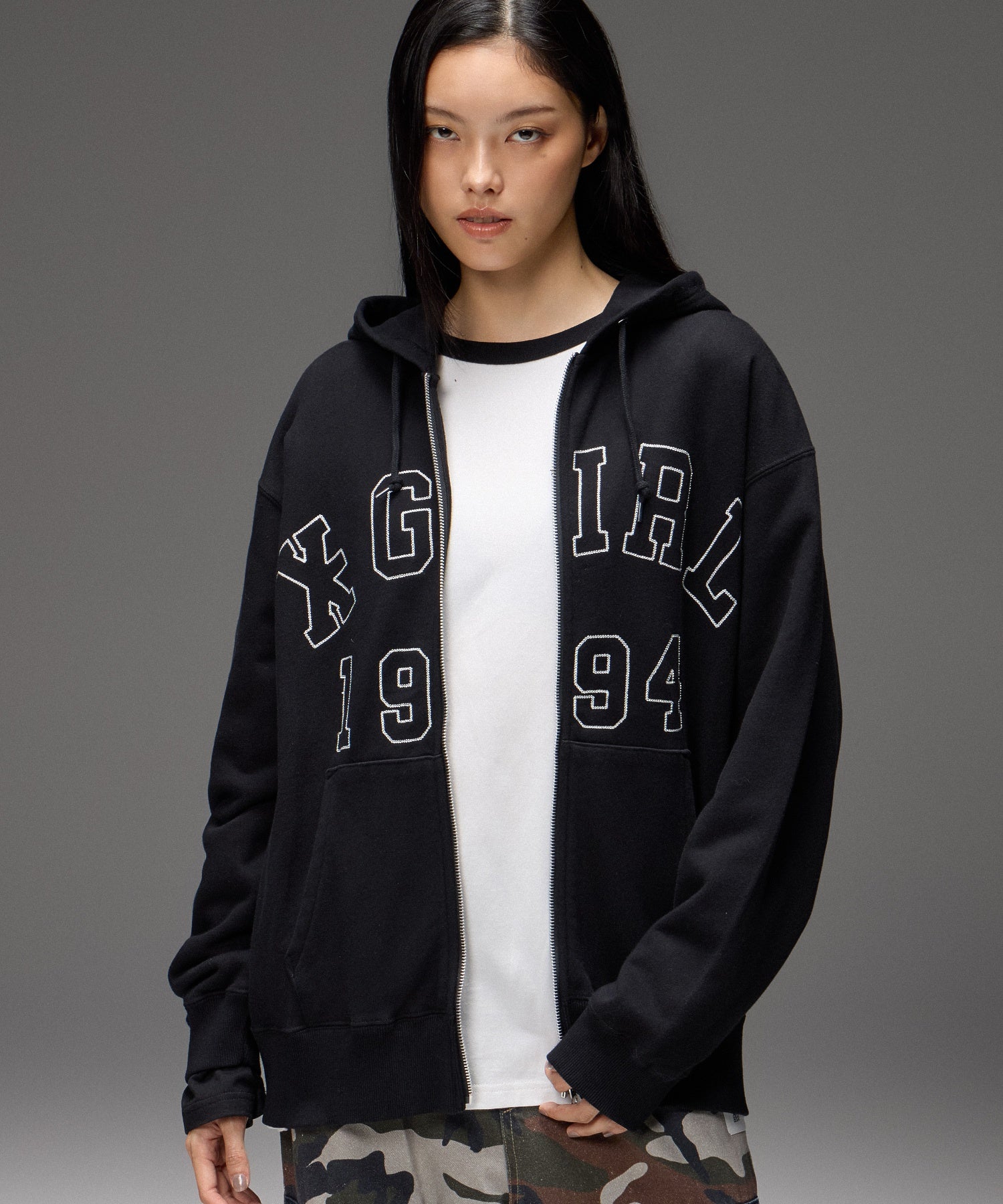 LOGO PATCH AND STITCH ZIP UP SWEAT HOODIE