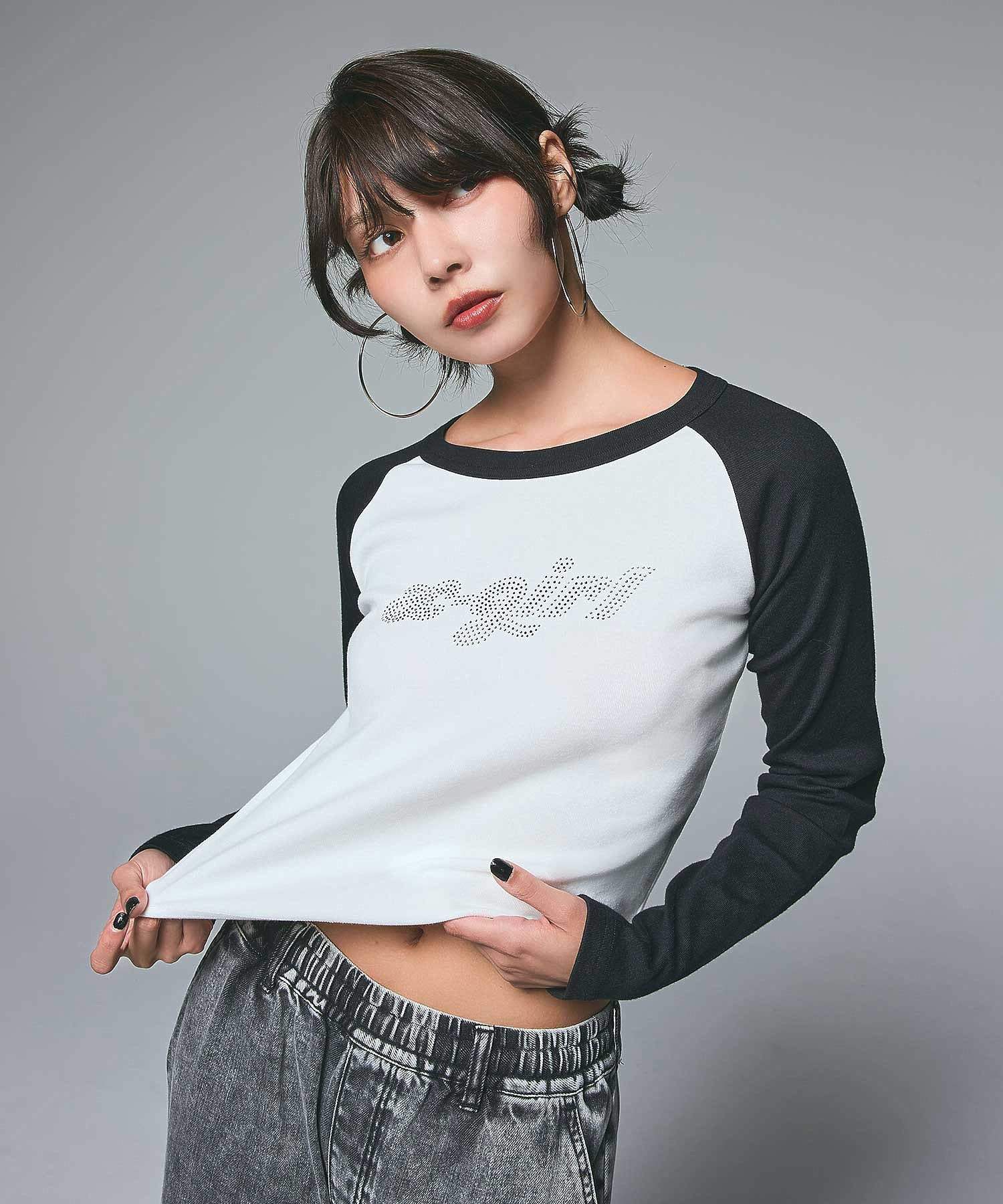BI COLOR RHINESTONE LOGO RAGLAN L/S BABY TEE
