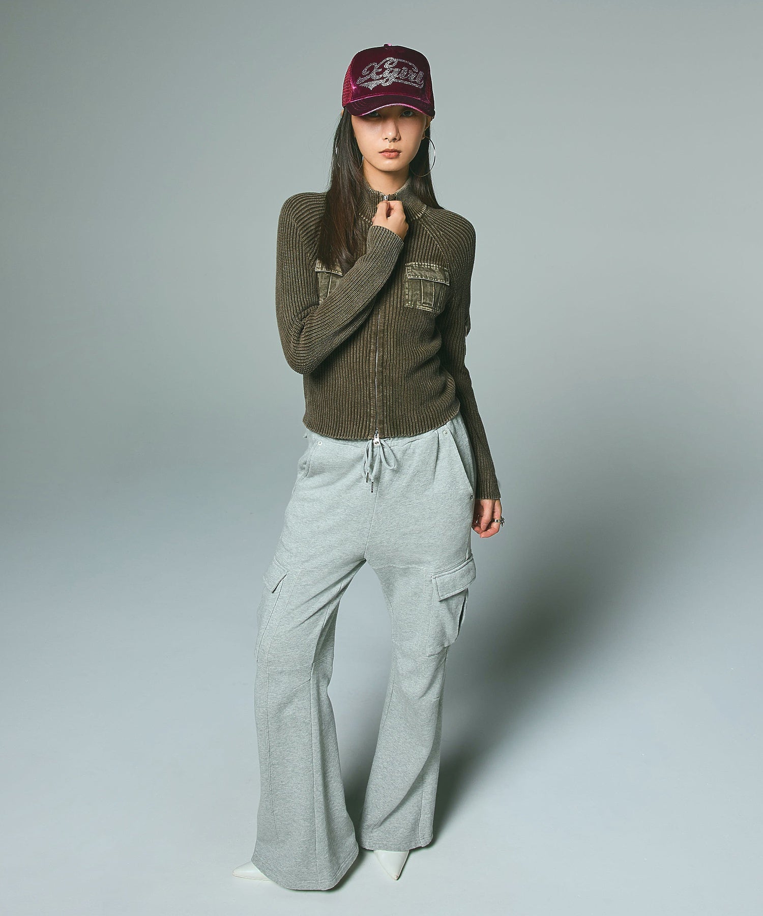 FADED WOVEN MIX ZIP UP KNIT TOP