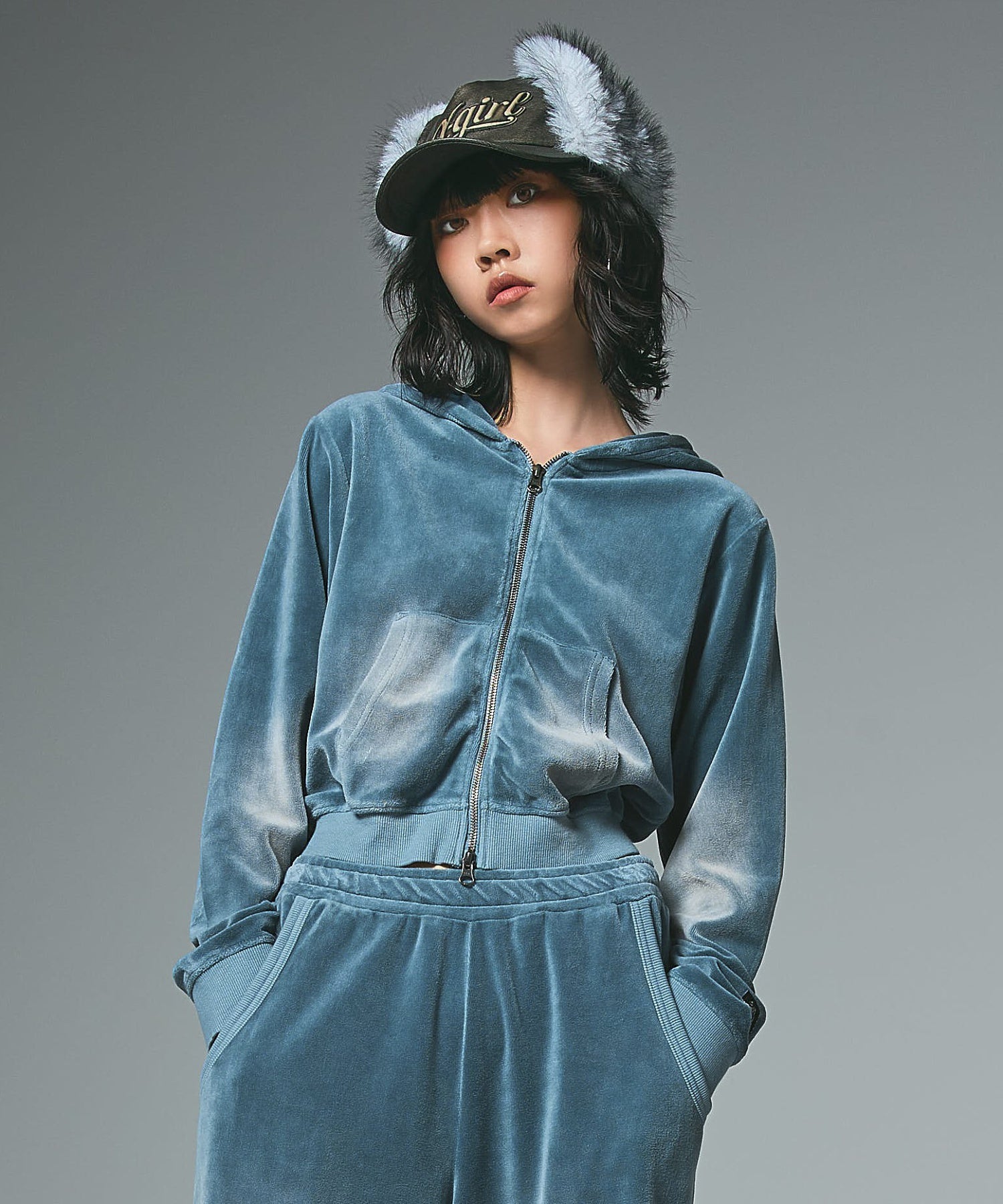 FADED VELOUR COMPACT ZIP UP HOODIE