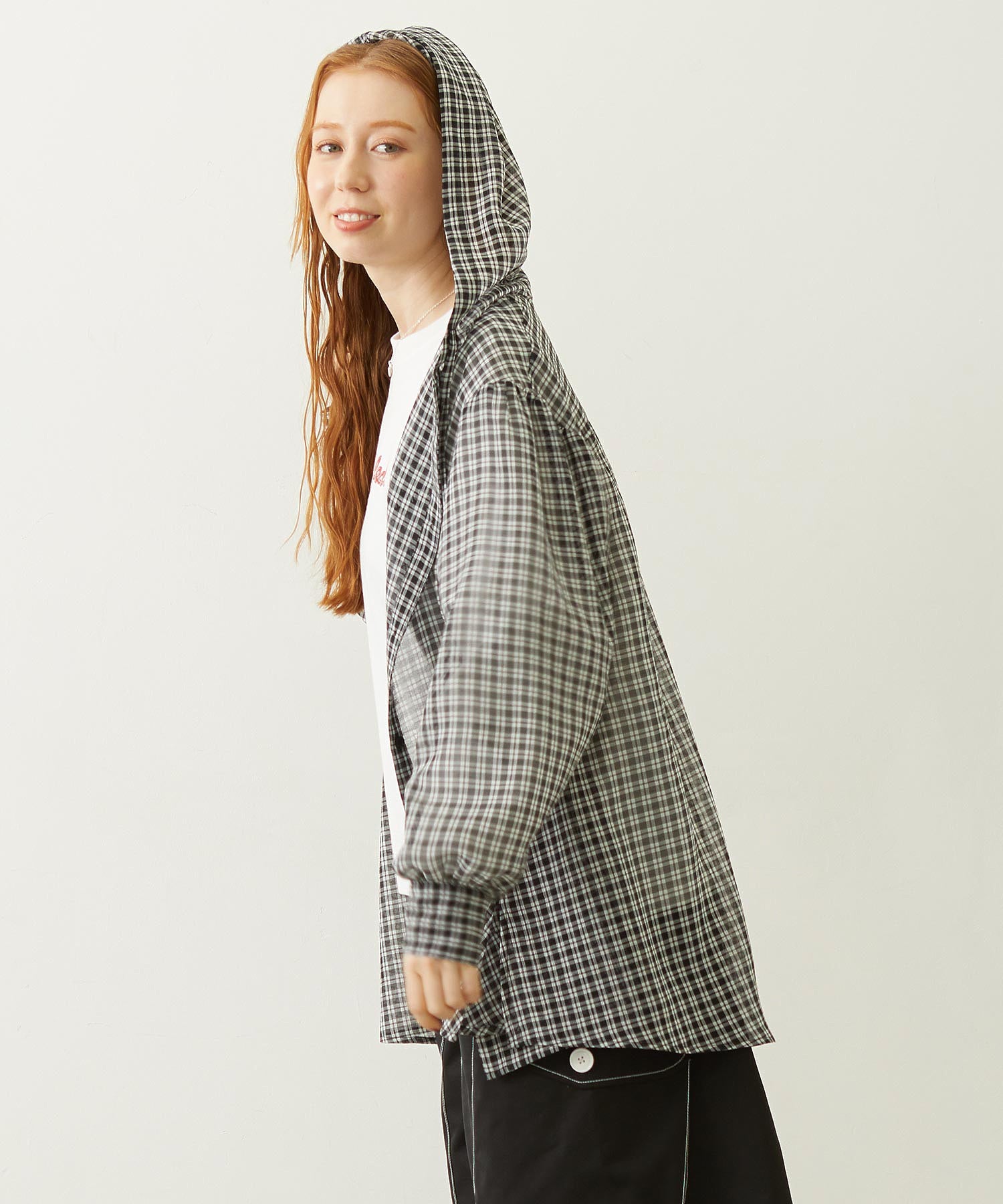 SHEER PLAID HOODED TOP