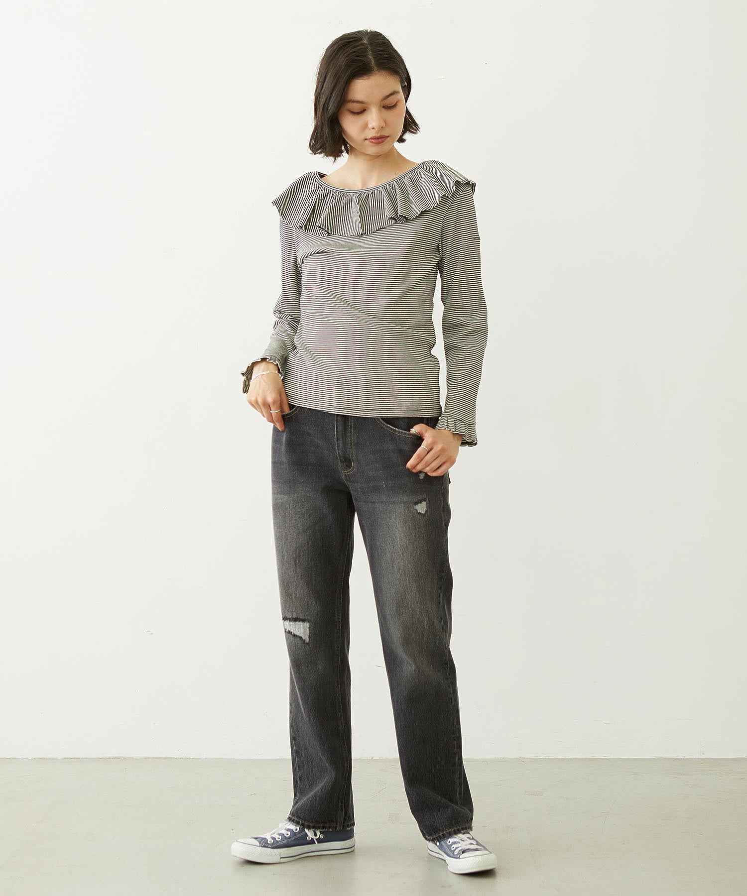 2WAY RUFFLE COLLAR STRIPED L/S TOP