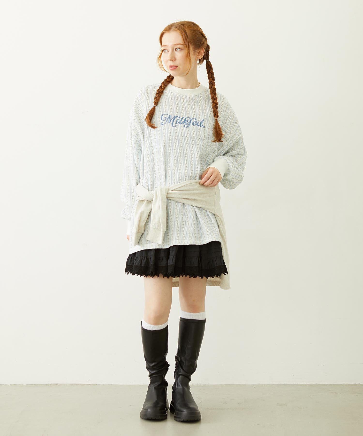 STRIPED FLOWER WAFFLE L/S TOP