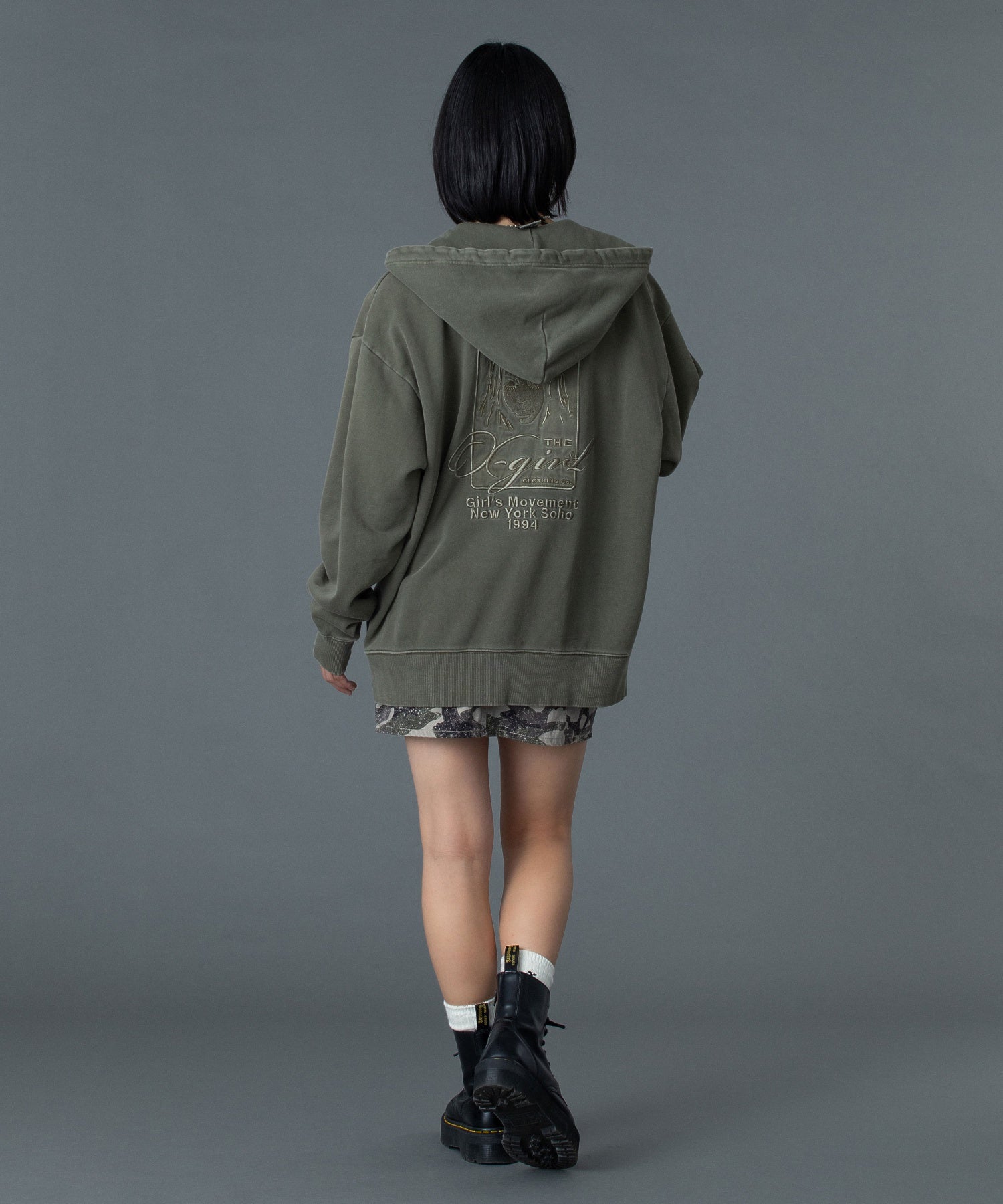 PIGMENT DYED FACE AND LOGO SQUARE PATCH ZIP UP SWEAT HOODIE