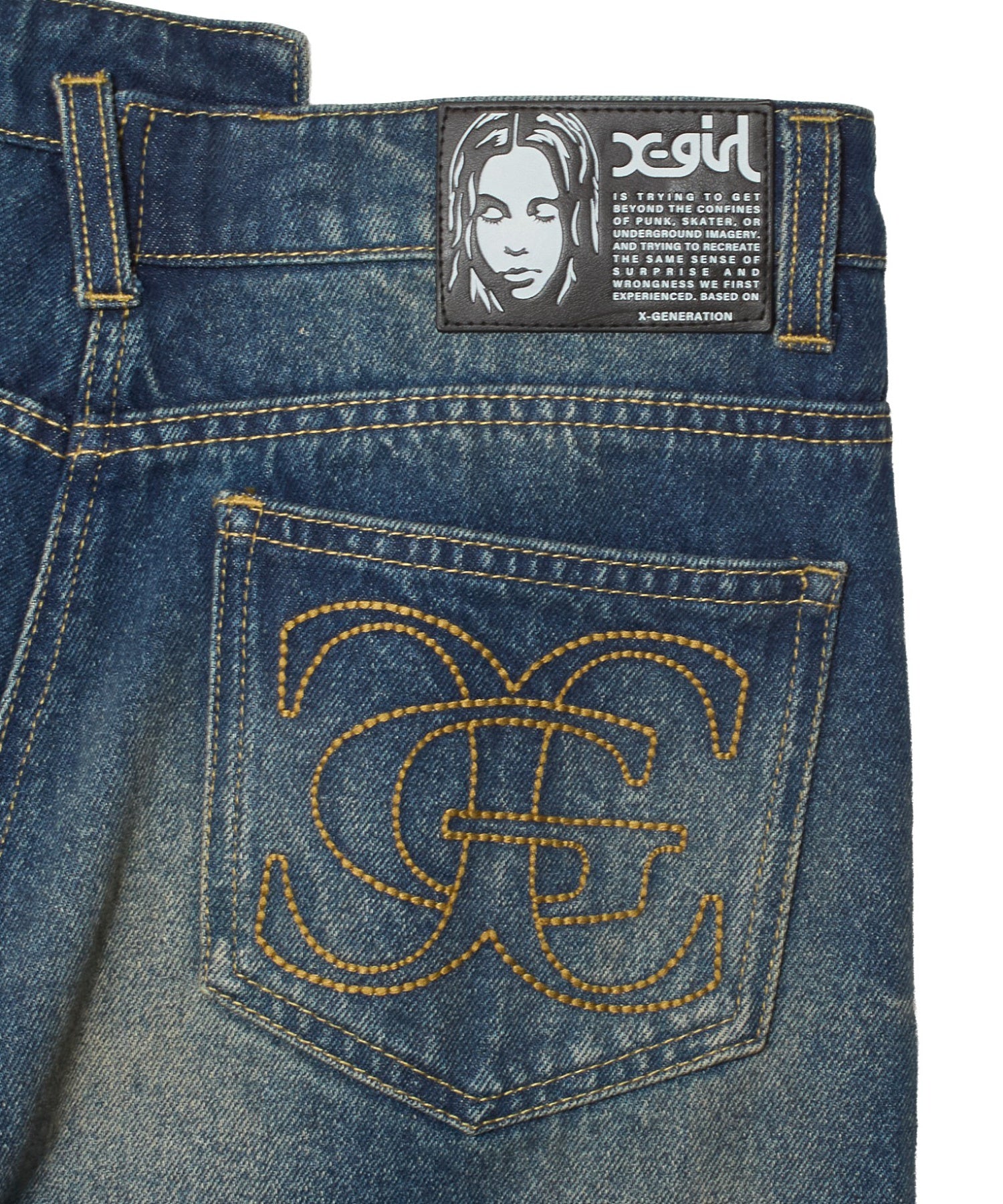 EMBLEM POCKET ASYMMETRIC WAIST DENIM PANTS