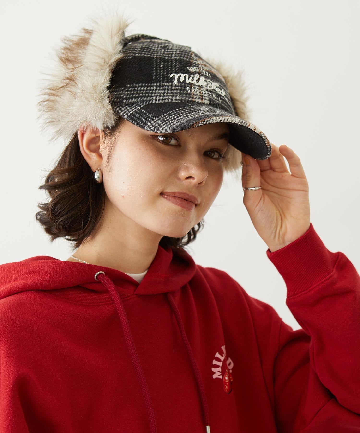 PLAID PATTERN FUR EAR FLAP
