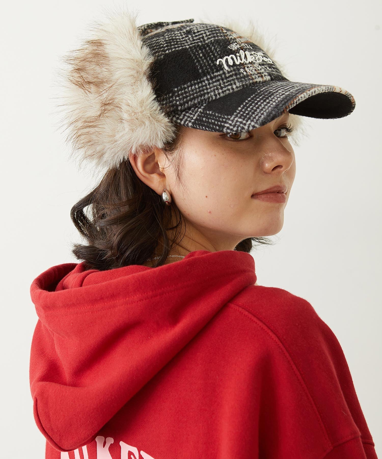PLAID PATTERN FUR EAR FLAP