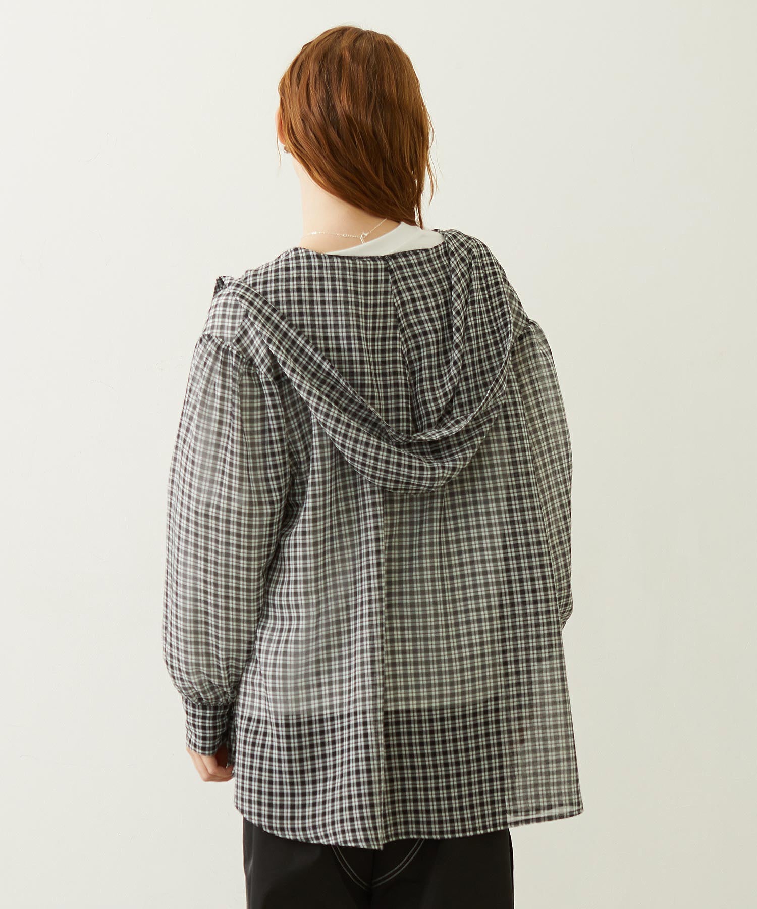 SHEER PLAID HOODED TOP