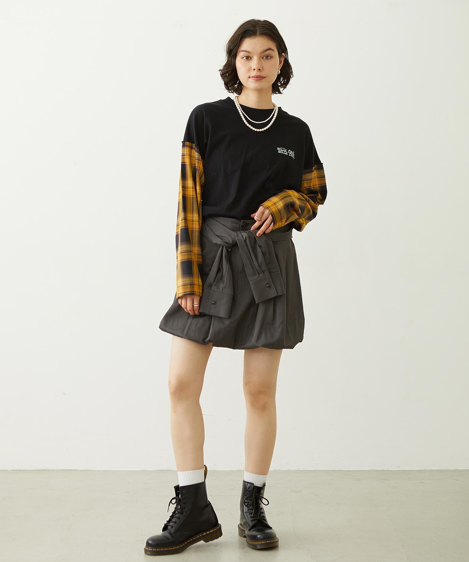 PLAID SLEEVES L/S TOP