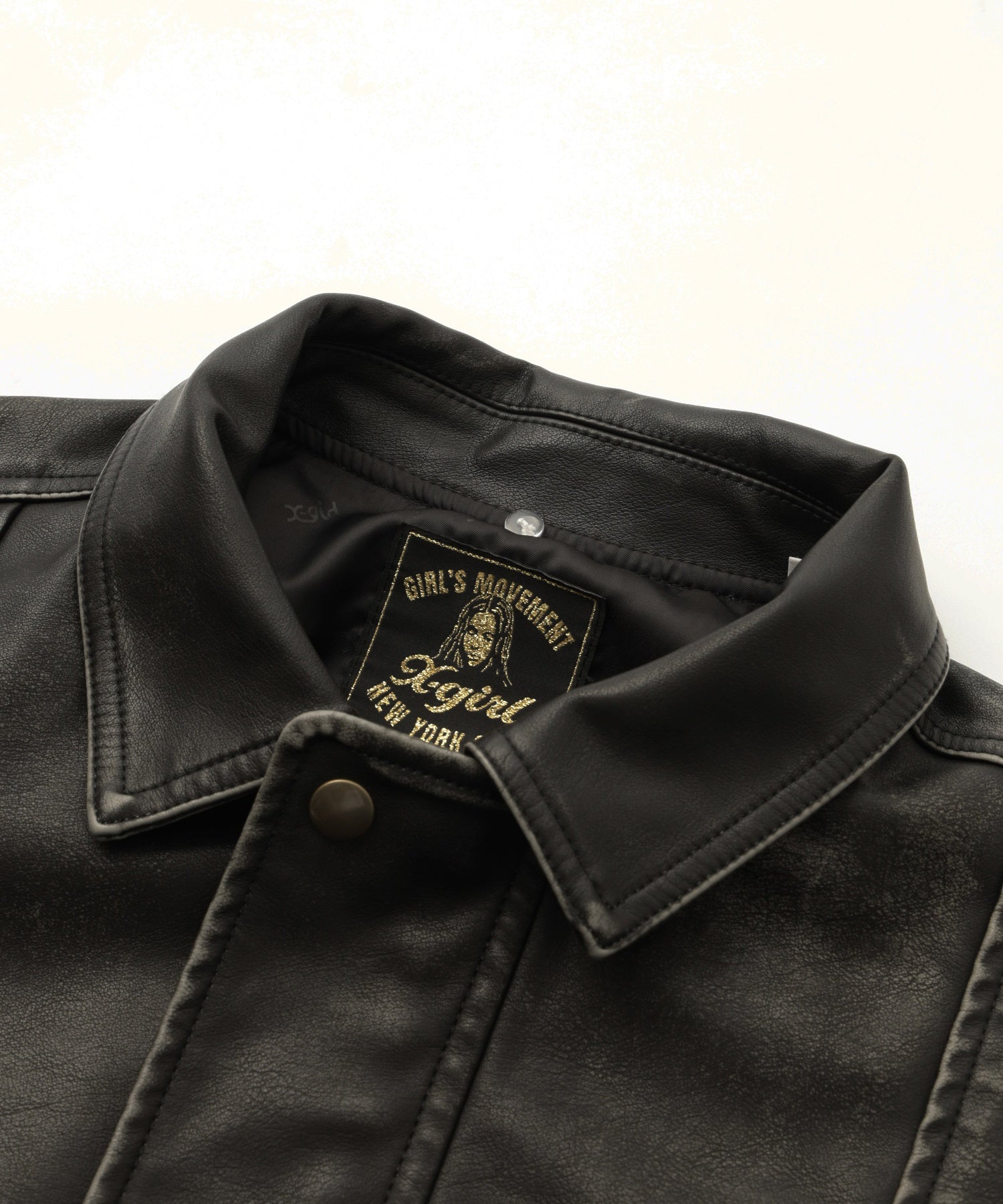 EMBOSSED LOGO PATCH DISTRESSED FAUX LEATHER JACKET