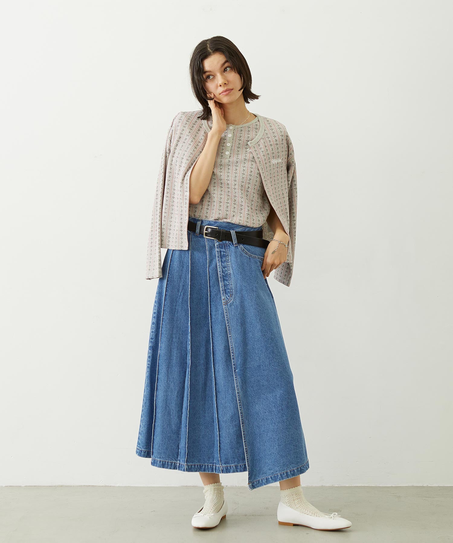 STRIPED FLOWER WAFFLE S/S TOP