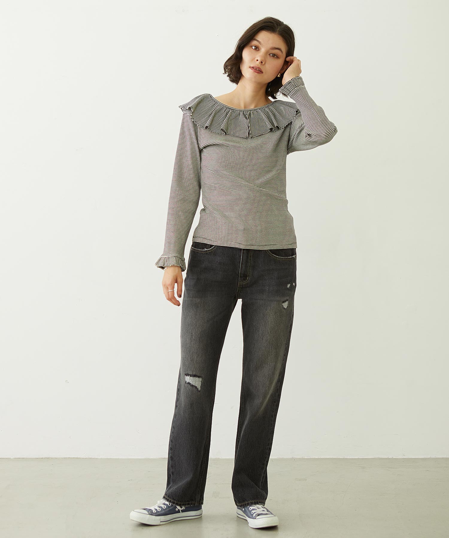 2WAY RUFFLE COLLAR STRIPED L/S TOP