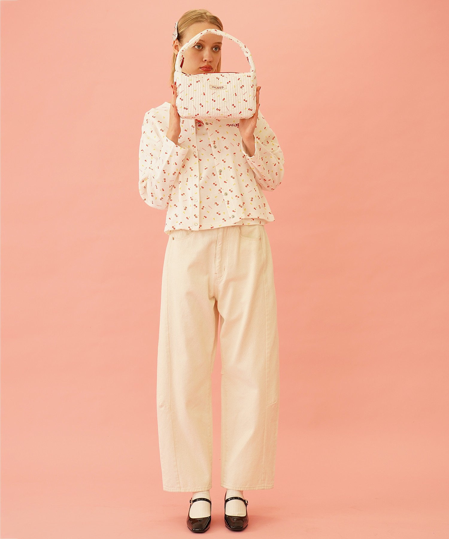 CHERRY PATTERN WAFFLE PUFF SLEEVES TOP