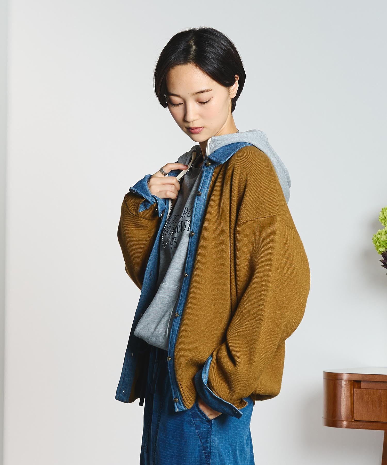 GENE HEAVENS/KNIT x DENIM CARDIGAN