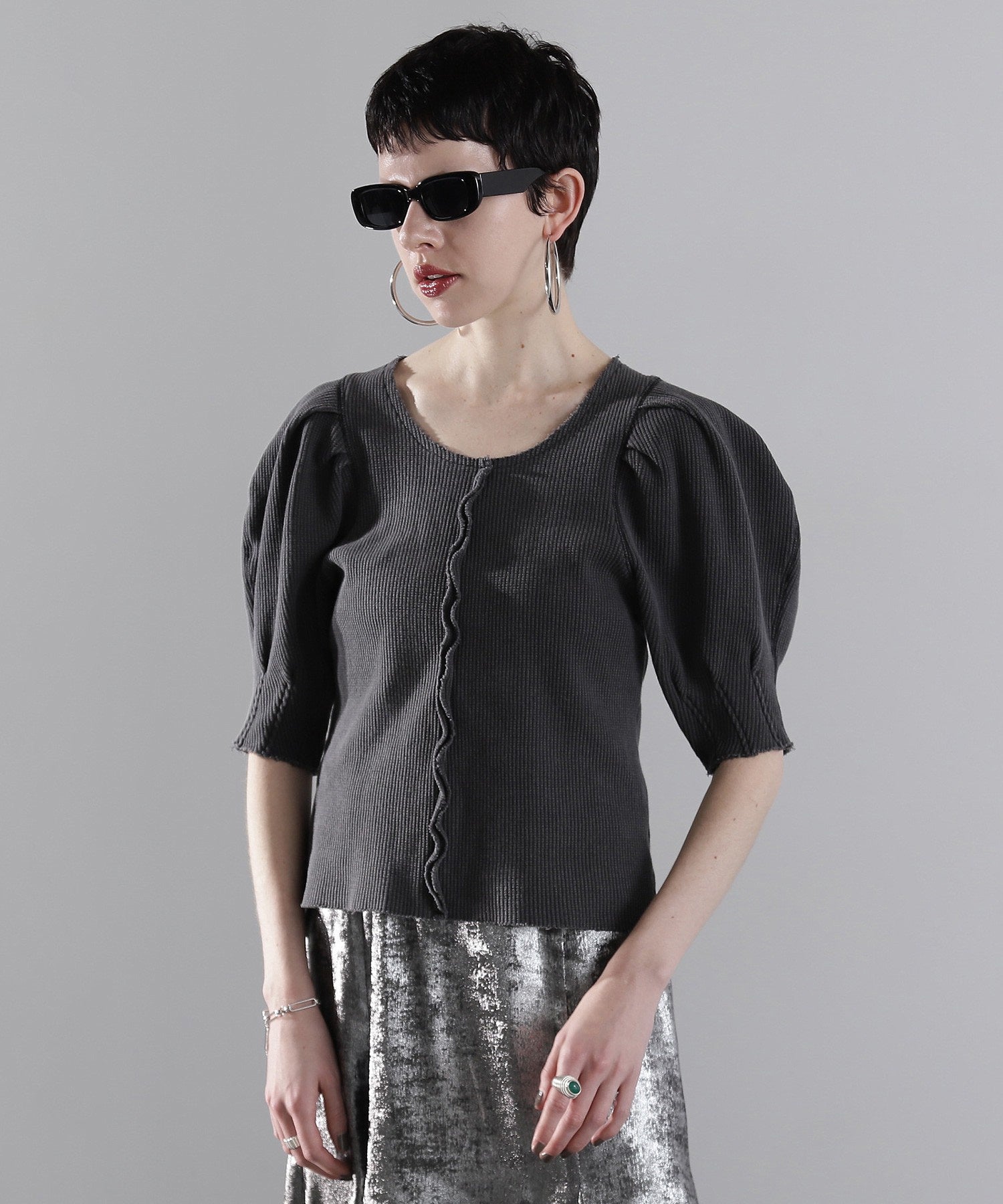 mici/ボリュームスリーブワッフルトップス