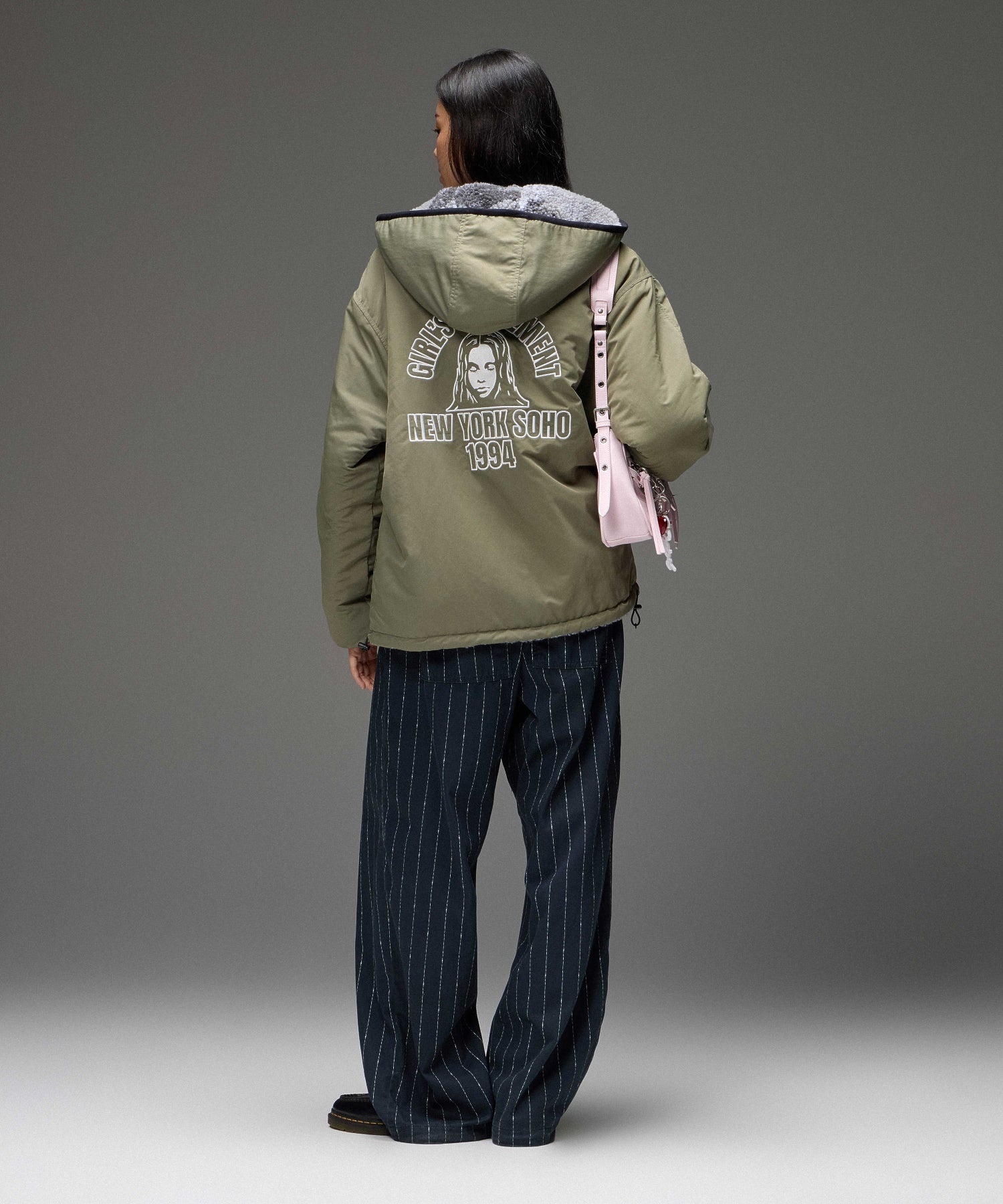 BRUSHED COLLAGE GRAPHIC REVERSIBLE BOA BLOUSON