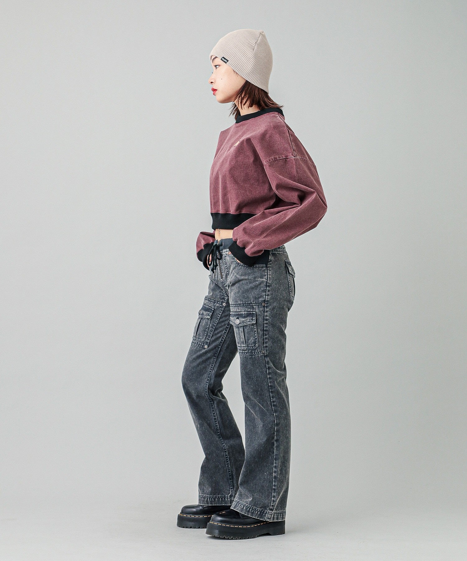 WOVEN CROPPED CREWNECK TOP