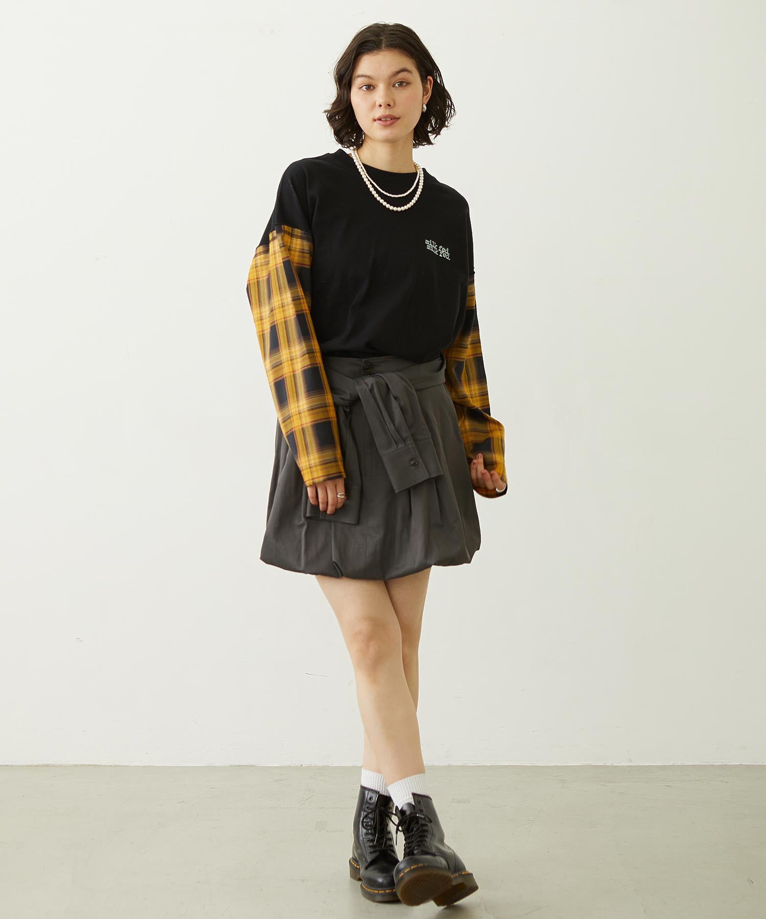 PLAID SLEEVES L/S TOP