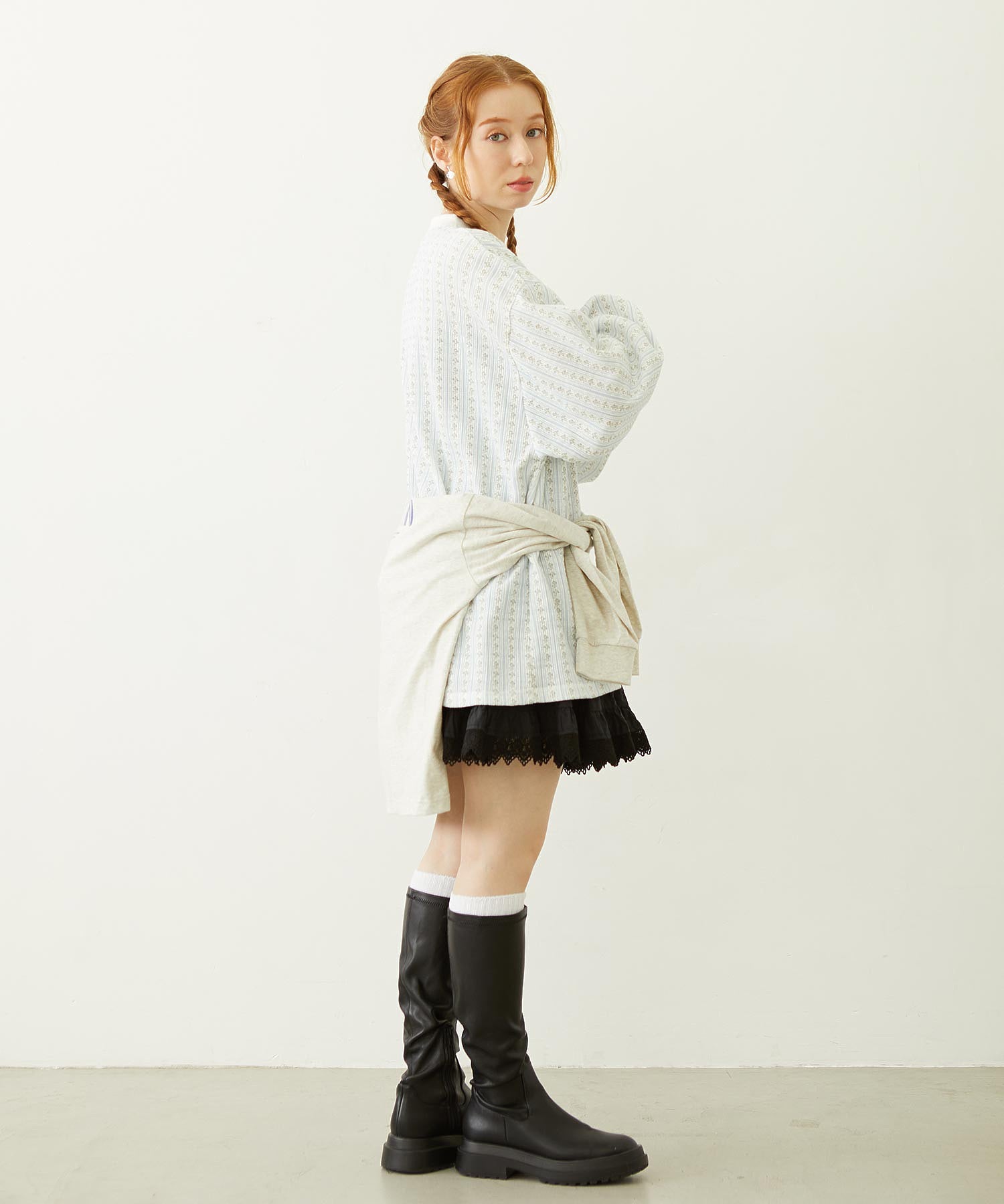 STRIPED FLOWER WAFFLE L/S TOP