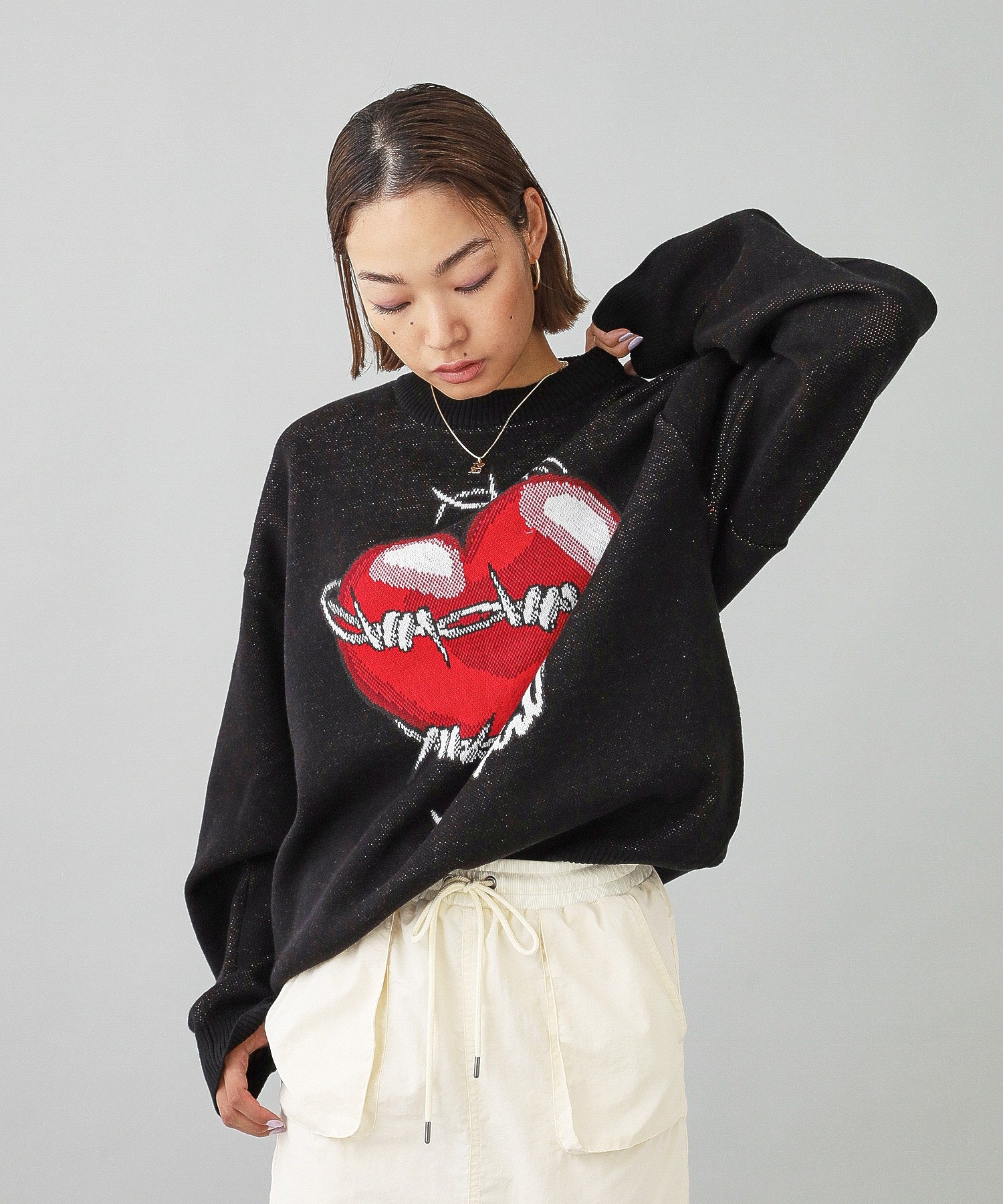 HEART BARBED WIRE JACQUARD KNIT TOP