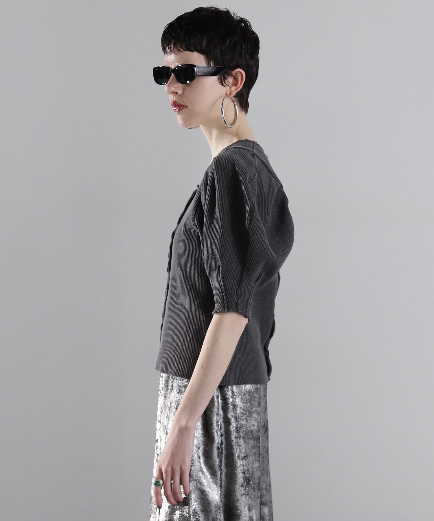 mici/ボリュームスリーブワッフルトップス