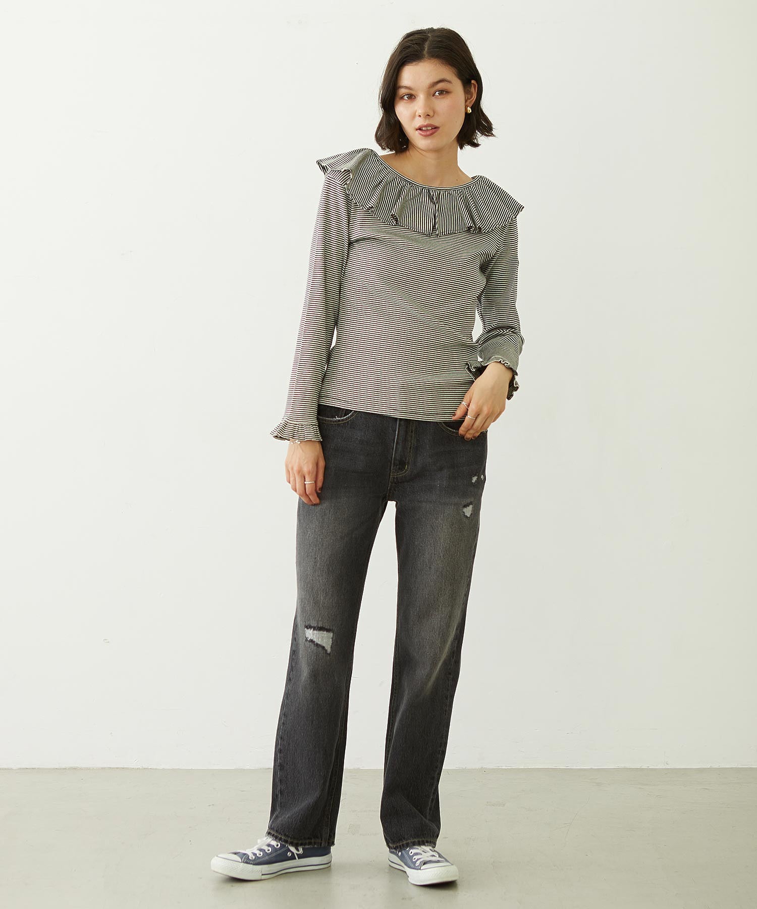 2WAY RUFFLE COLLAR STRIPED L/S TOP