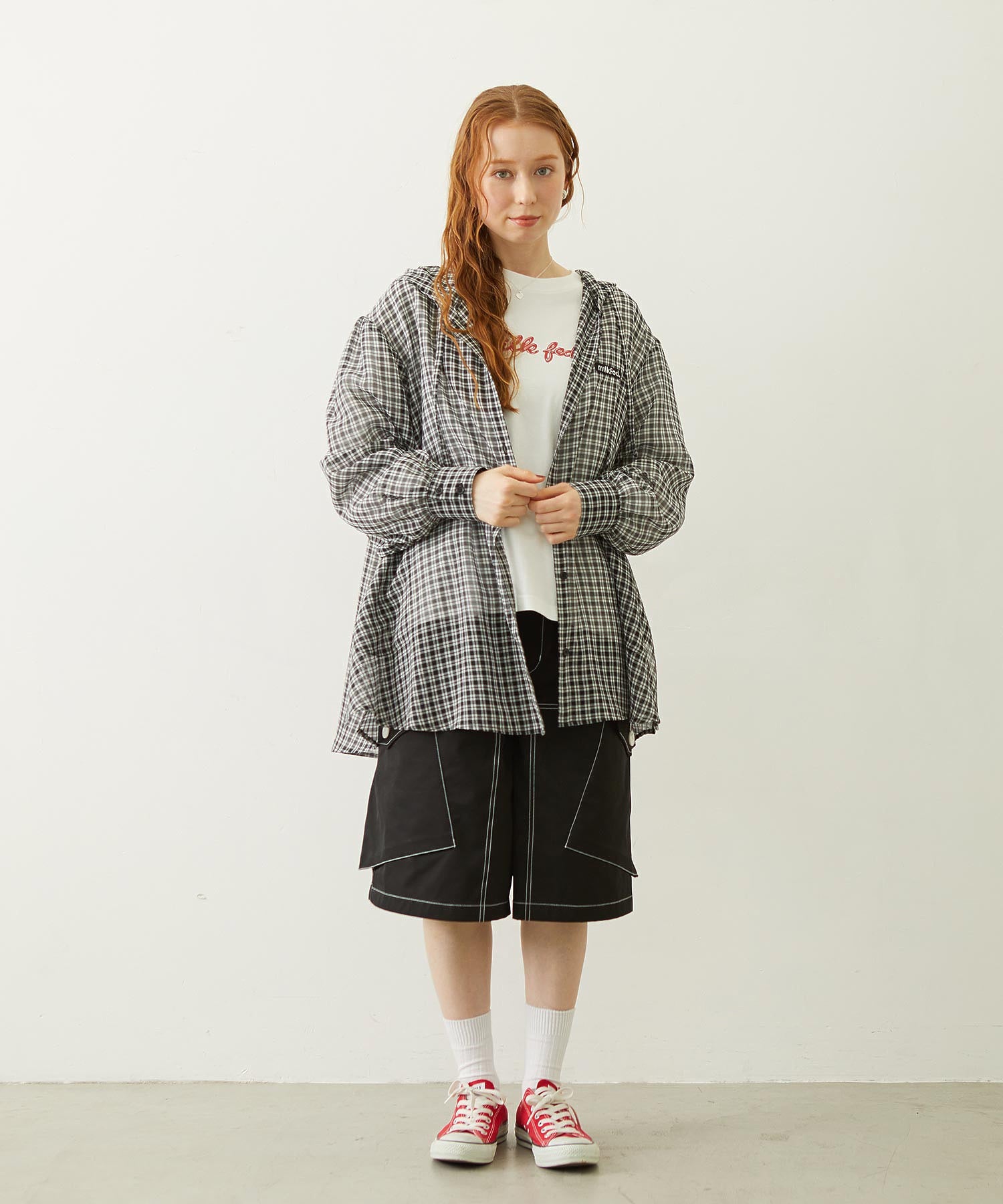 SHEER PLAID HOODED TOP
