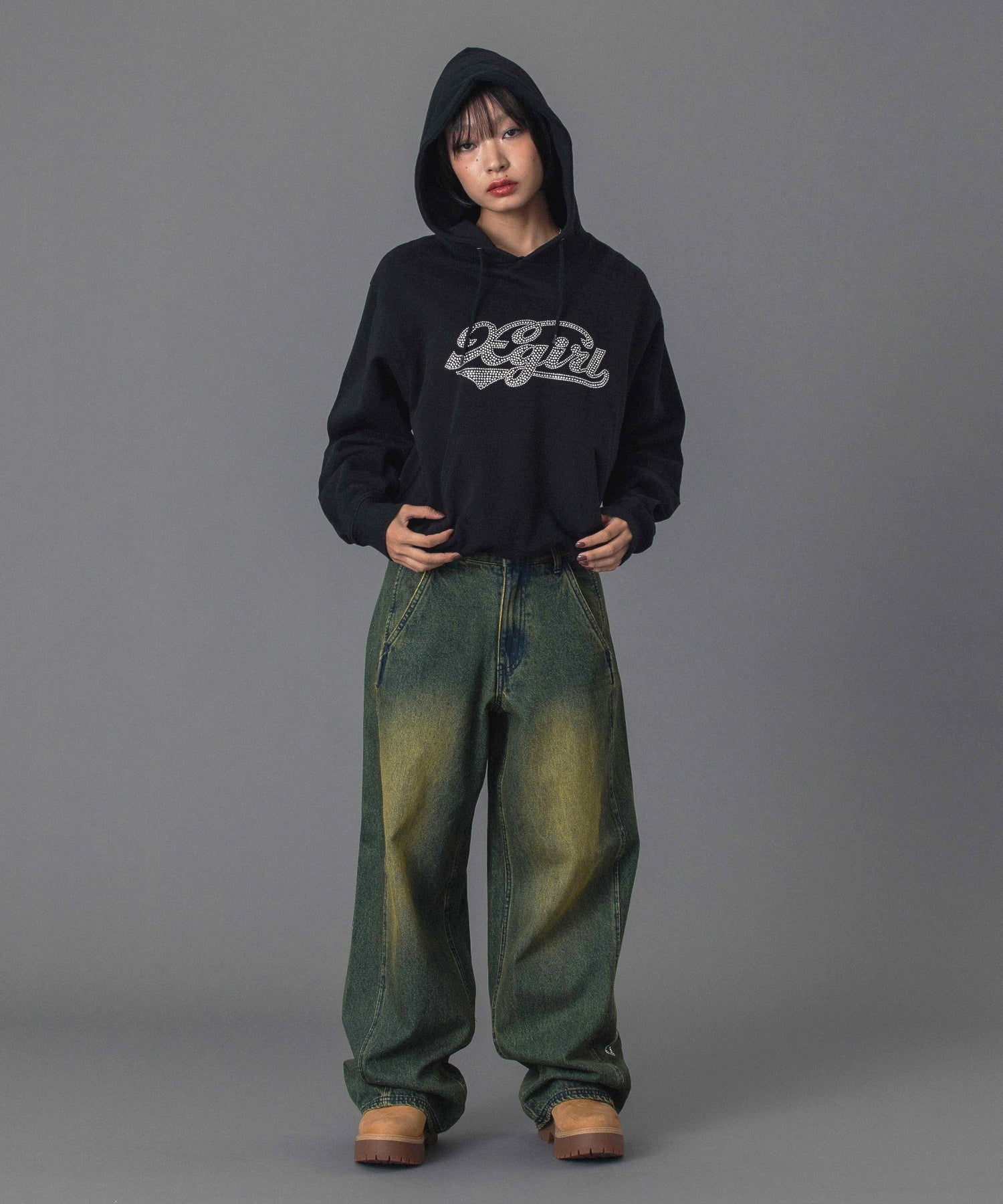 RHINESTONE LOGO LOOSE DENIM PANTS